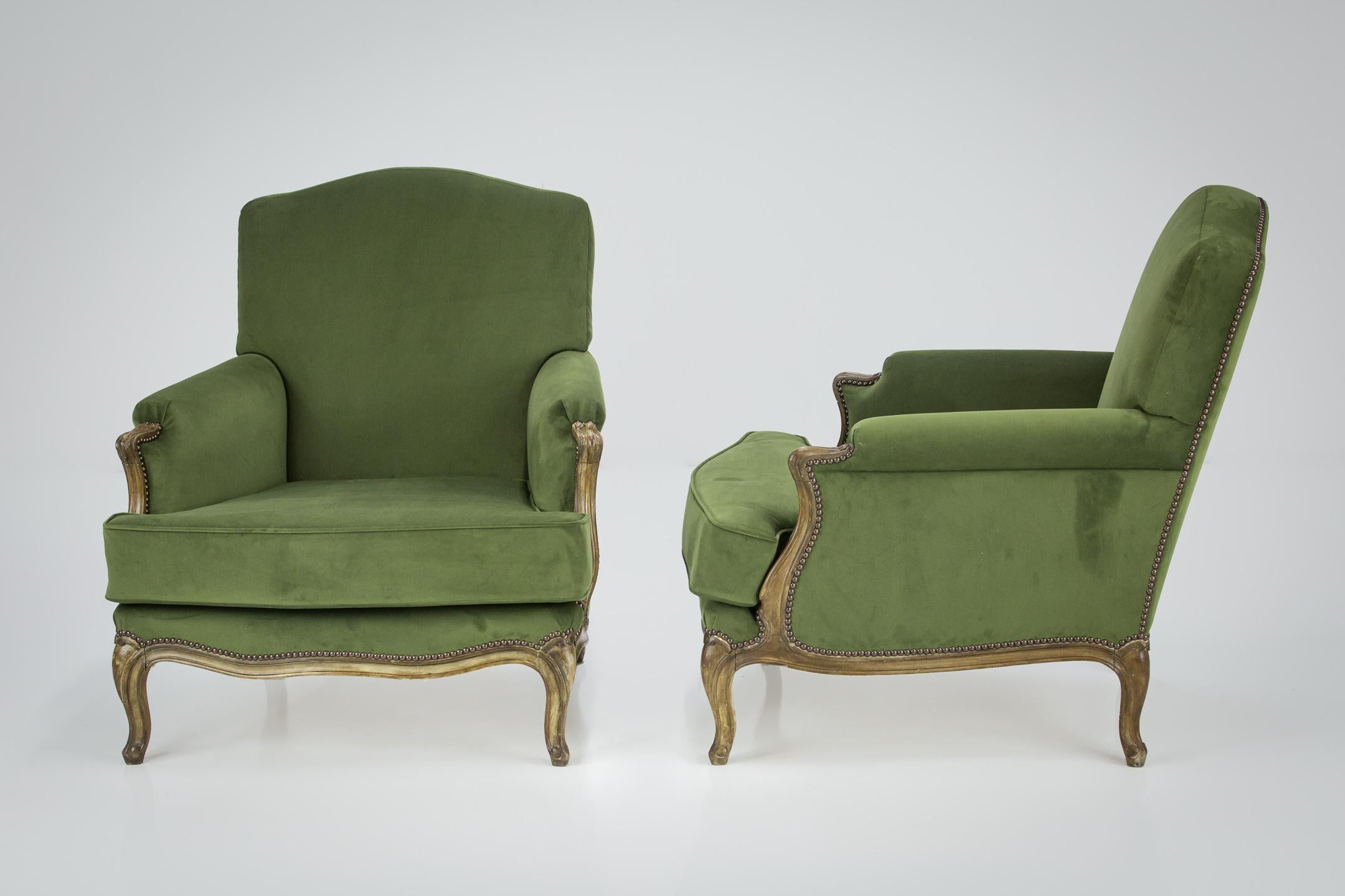 Velvet Pair of Large Maison Jansen Louis XV style Armchairs For Sale