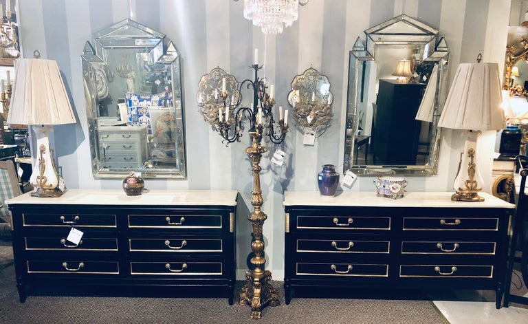 Pair Large Maison Jansen Style Ebony Dressers Commodes Carrara