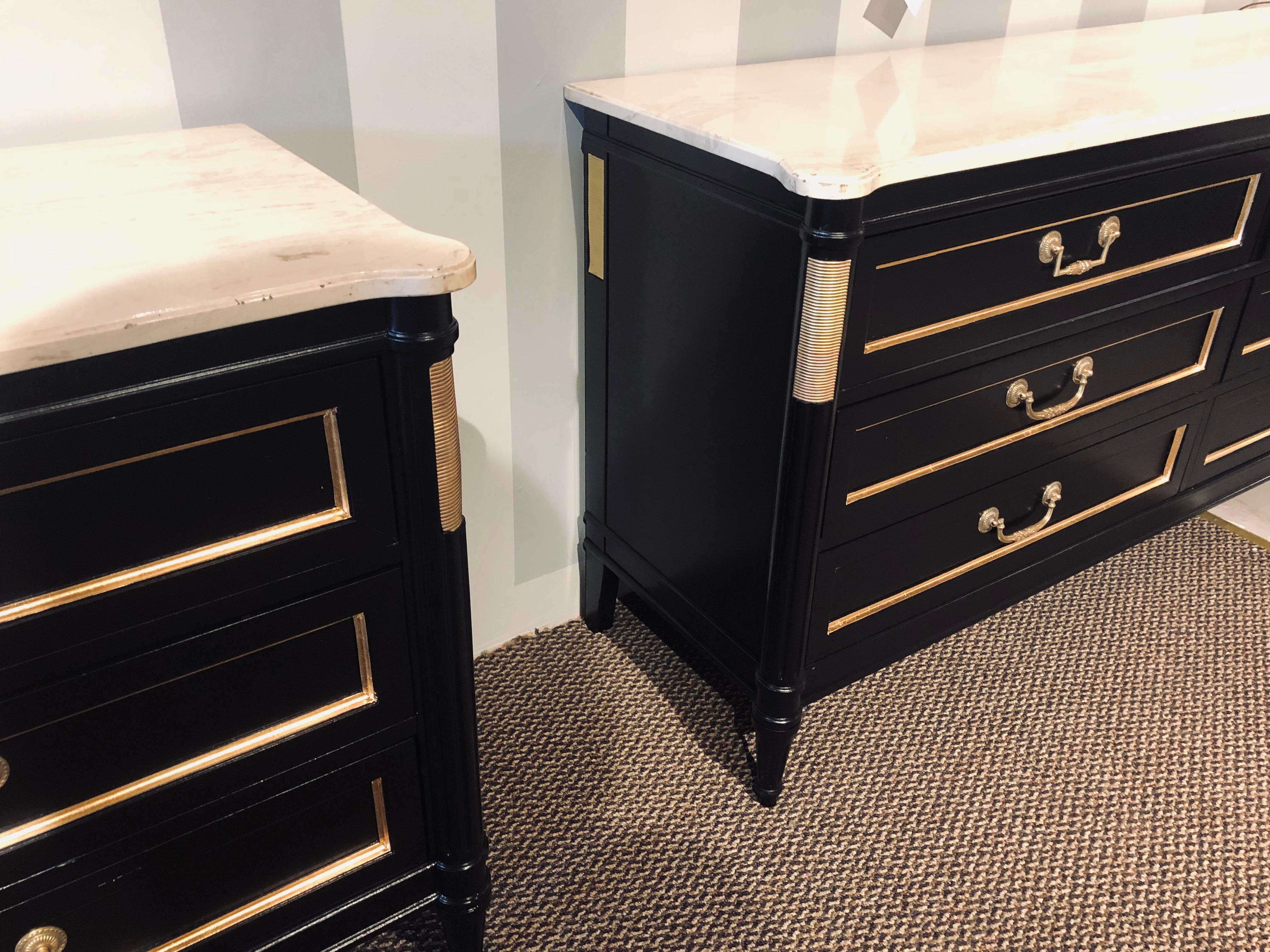 Pair Large Maison Jansen Style Ebony Dressers Commodes Carrara Marble Top In Good Condition In Stamford, CT