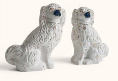 Coppia di grandi cani da caminetto in maiolica, stile Staffordshire, raffiguranti un King Charles Spaniel