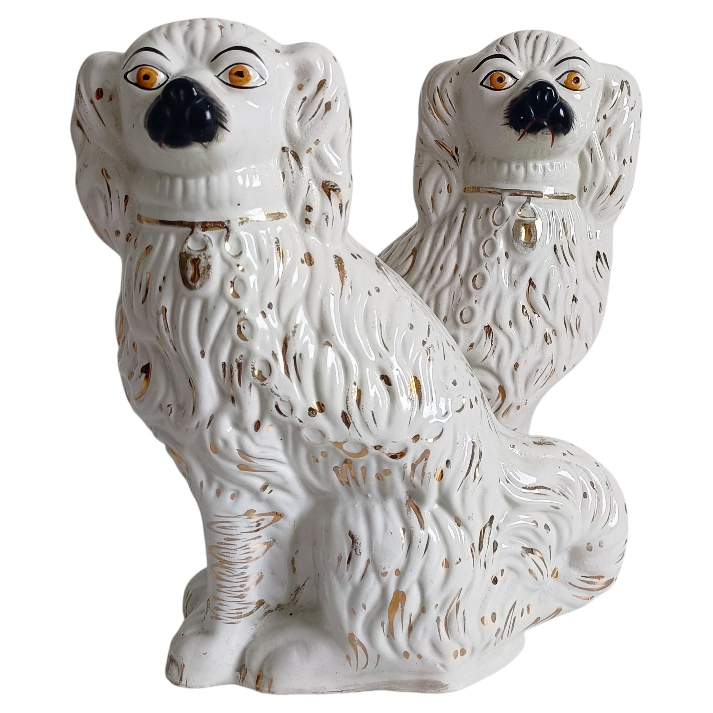 Pair of Large Majolica Staffordshire Style King Charles Spaniel Mantel Dogs