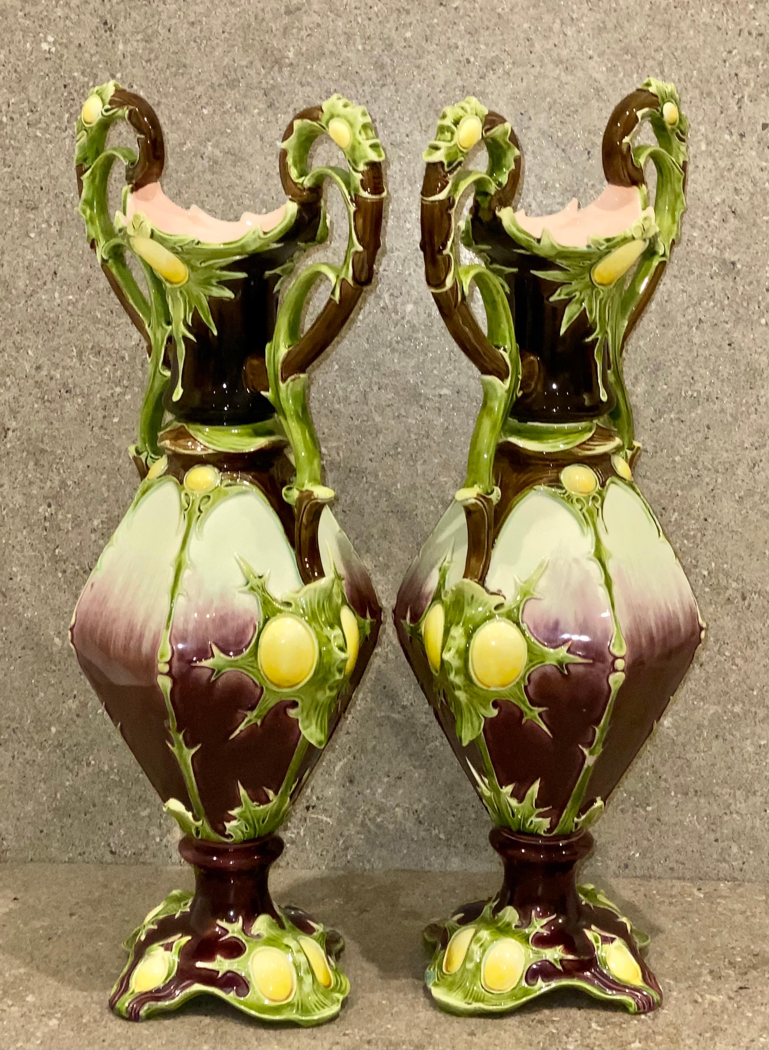 Austrian Pair of Large Majolica Vases by Julius Dressler, Austria, circa 1885 For Sale