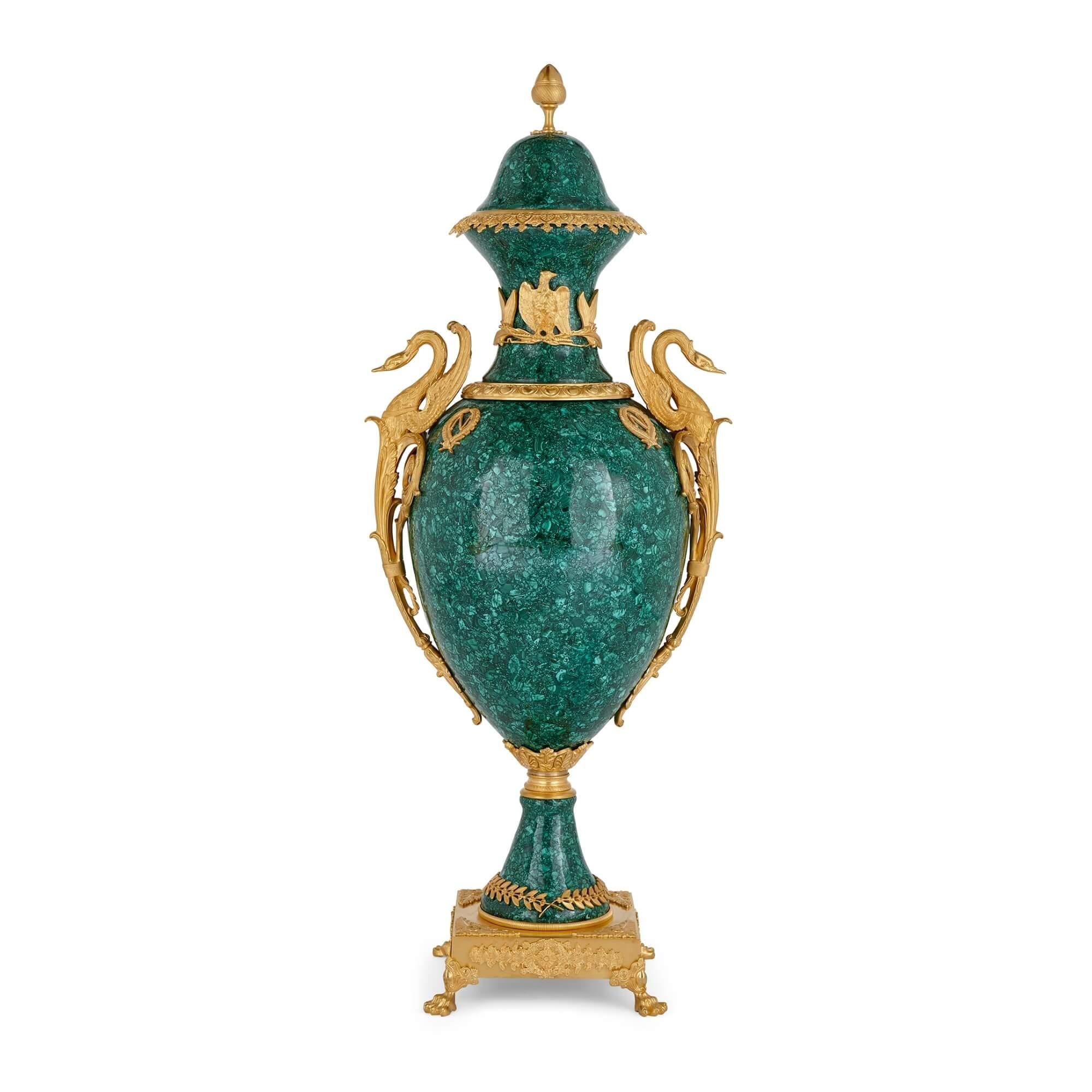 French Pair of Large Malachite and Ormolu Mounted Empire Style Vases For Sale