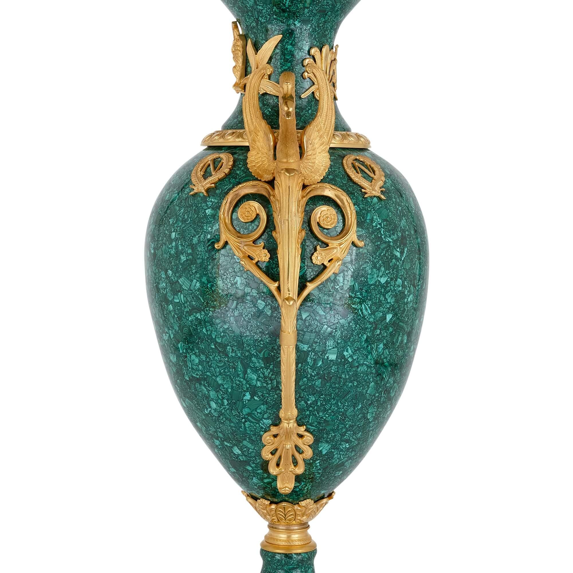 Gilt Pair of Large Malachite and Ormolu Mounted Empire Style Vases For Sale