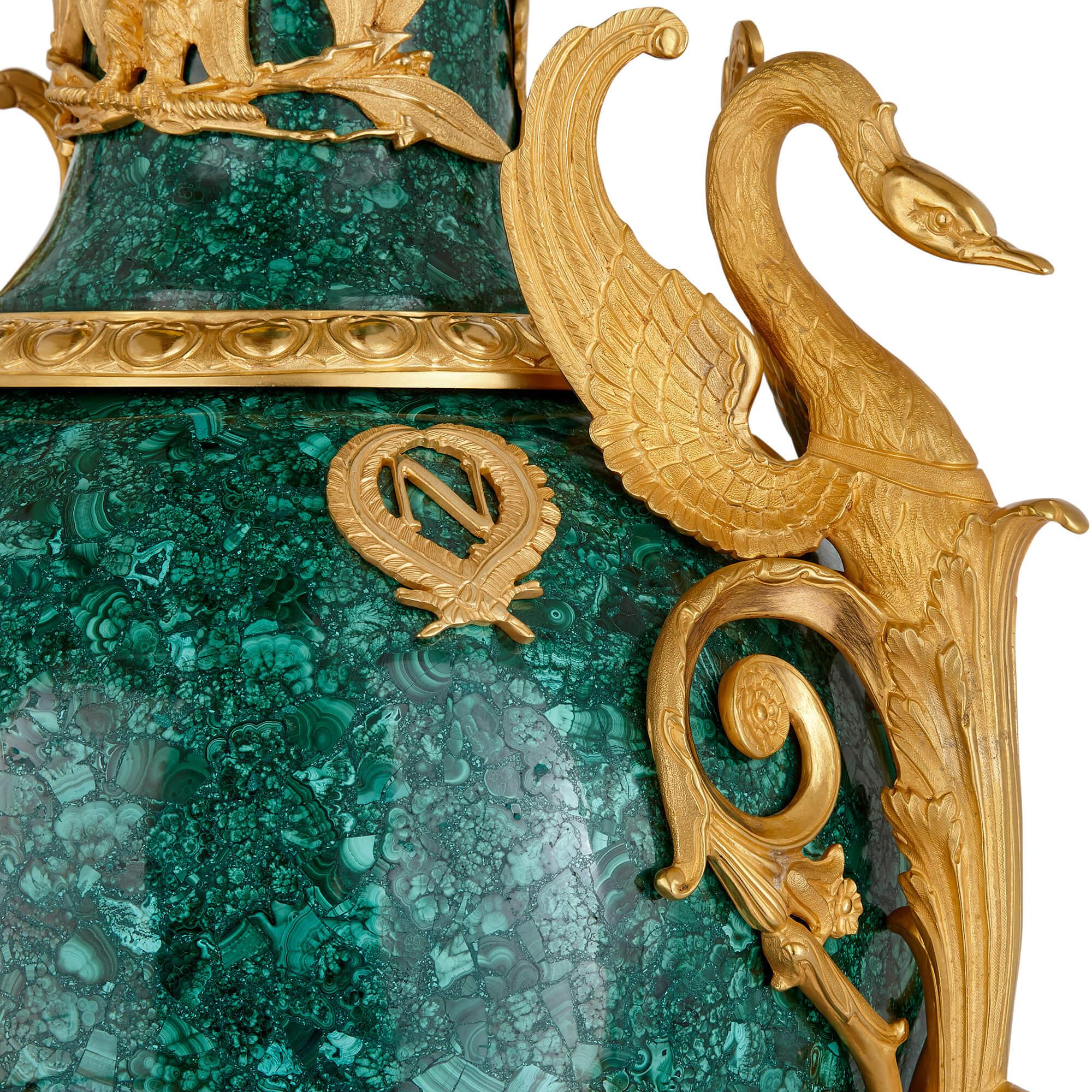 20th Century Pair of Large Malachite and Ormolu Mounted Empire Style Vases For Sale