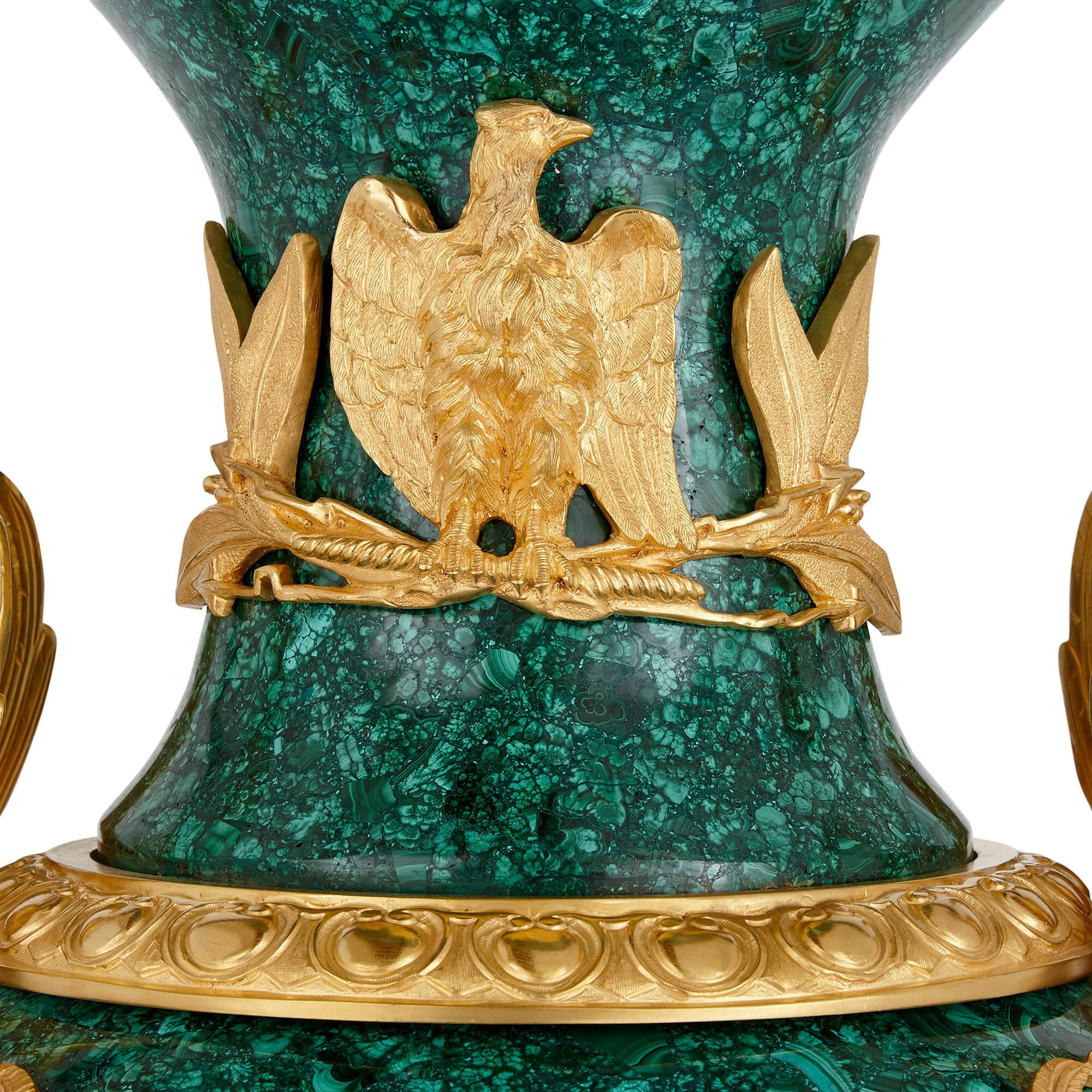 Pair of Large Malachite and Ormolu Mounted Empire Style Vases For Sale 1