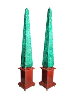 Pair of Large Malachite Obelisks with Red Jasper Base Overview: