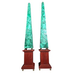 Pair of Large Malachite Obelisks with Red Jasper Base Overview: