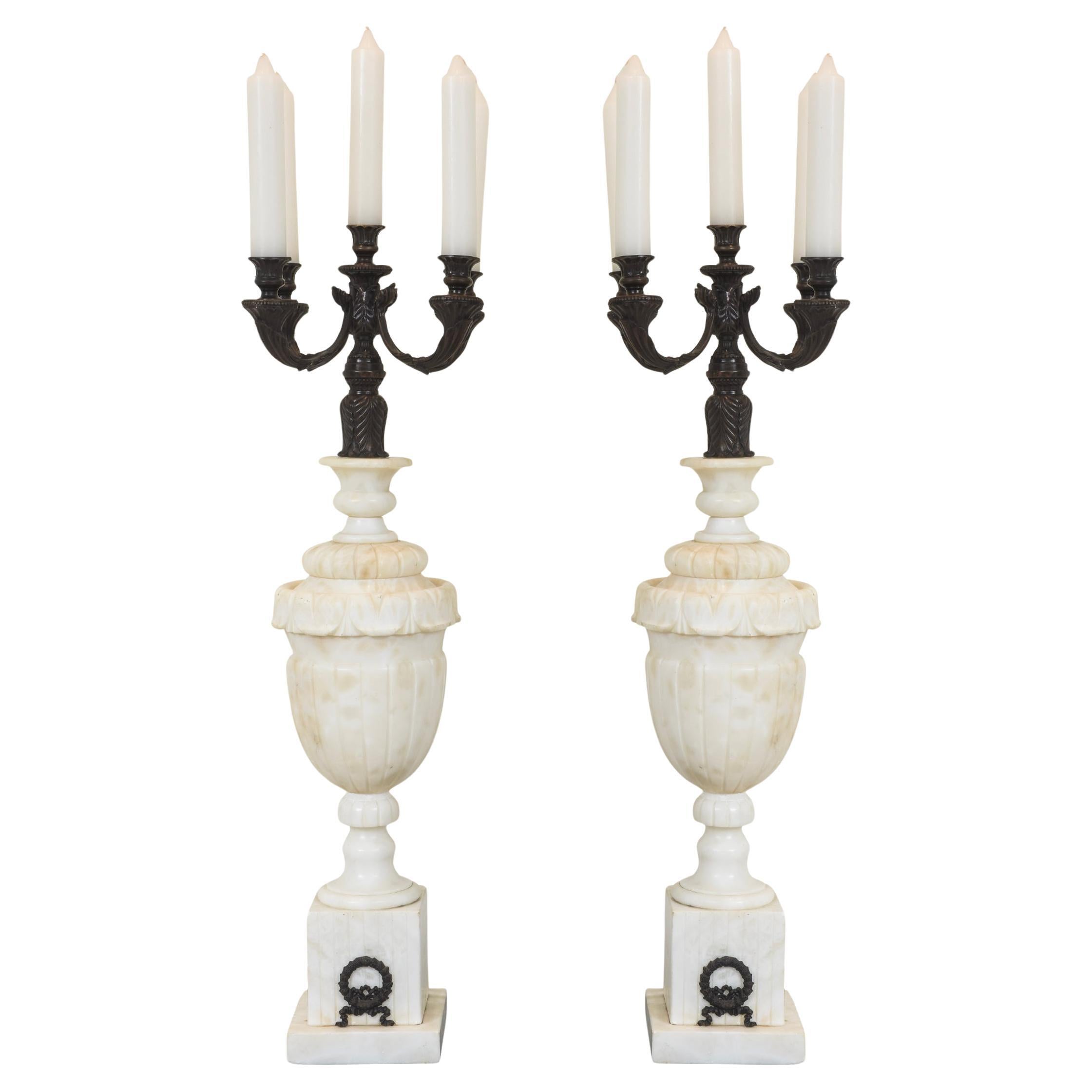 Pair of Large Marble and Bronze Candleholders - Early 19th Century