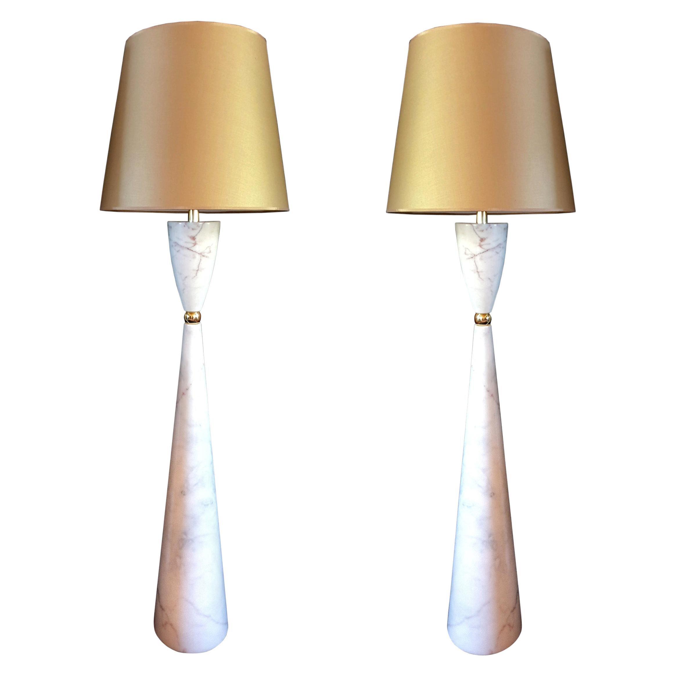 Pair of Large Marble and Brass Mid-Century Modern Floor Lamps, Italy, 1980s