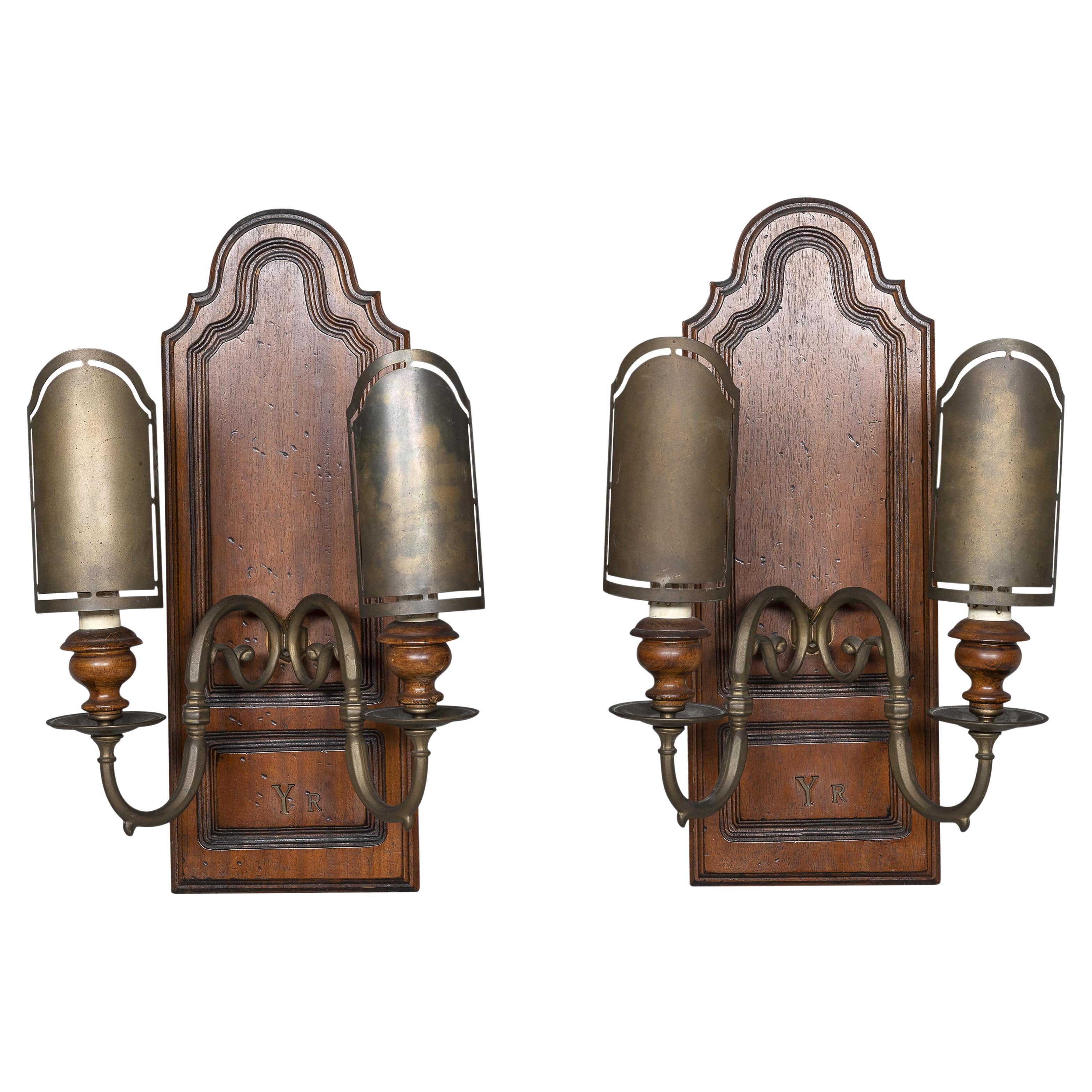 Pair of large masculine Art Nouveau Bronze and Wood Wall Plaque Sconces For Sale