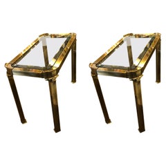 Pair of Large Mastercraft Brass Side Tables with Glass Inserts