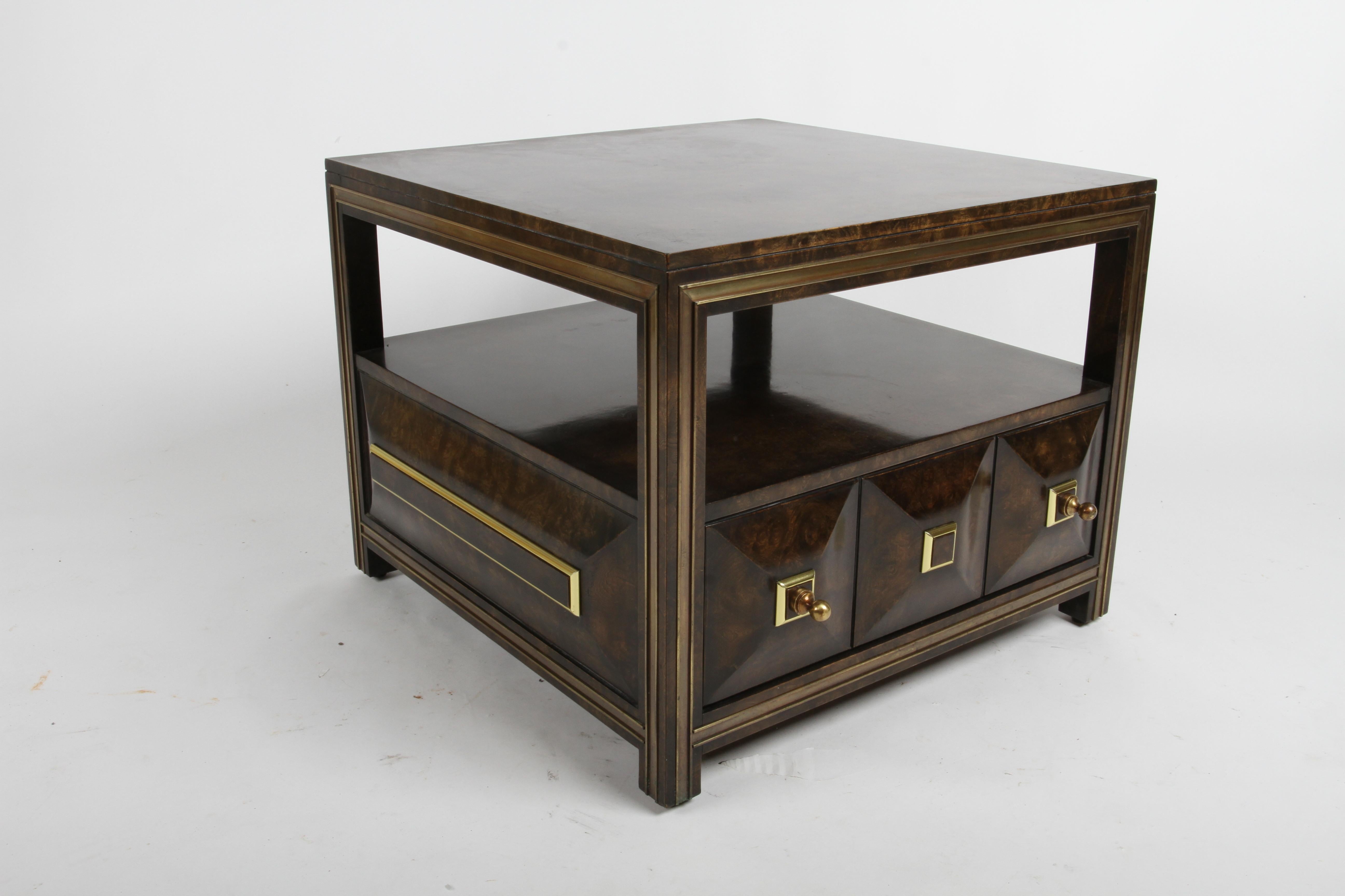Pair of Large Mastercraft Burl Elm & Brass End Tables or Night Stands w/ Drawers For Sale 7