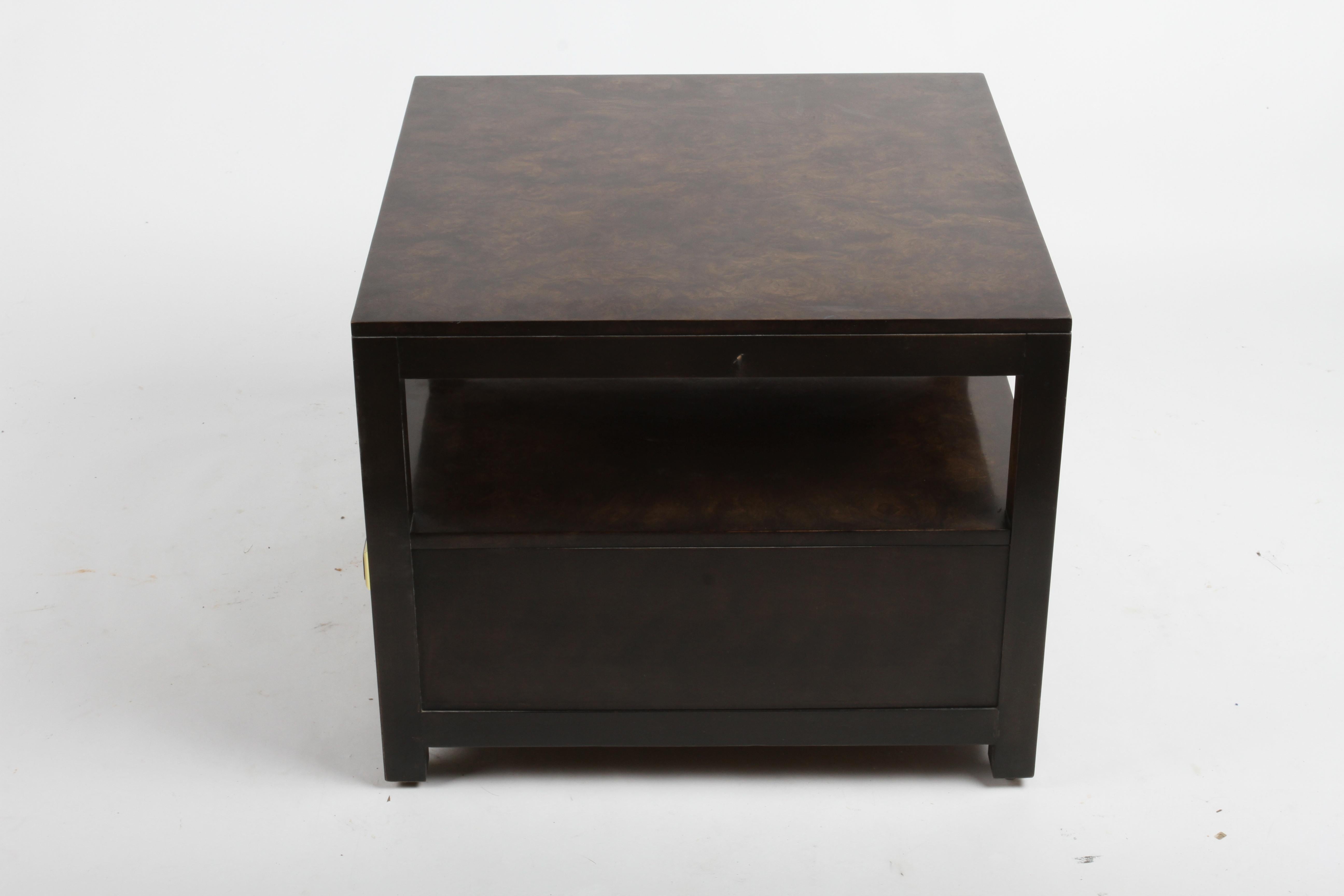 Pair of Large Mastercraft Burl Elm & Brass End Tables or Night Stands w/ Drawers For Sale 11