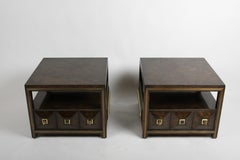 Pair of Large Mastercraft Burl Elm & Brass End Tables or Night Stands w/ Drawers
