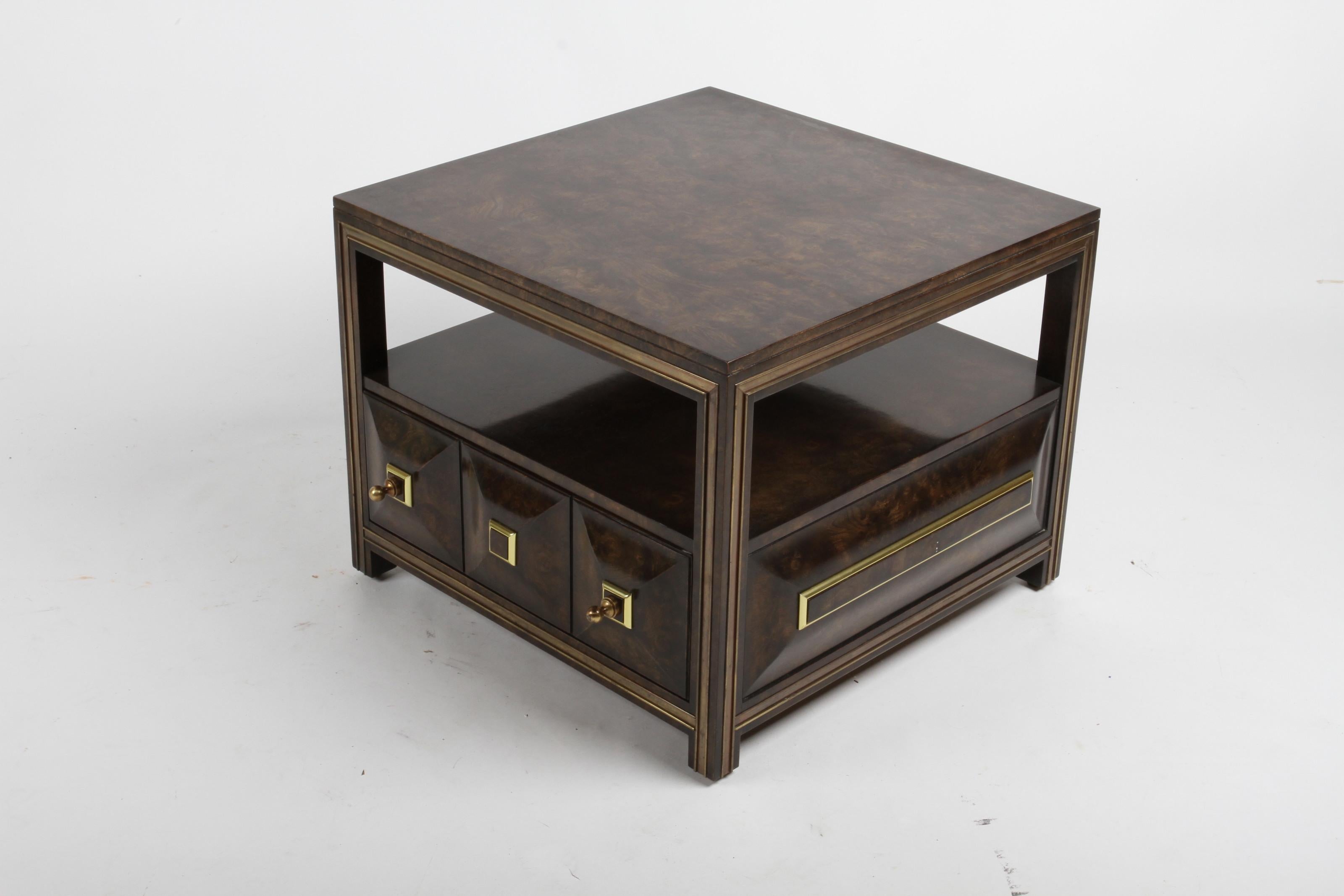 Pair of Large Mastercraft Burl Elm & Brass End Tables or Night Stands w/ Drawers For Sale 1