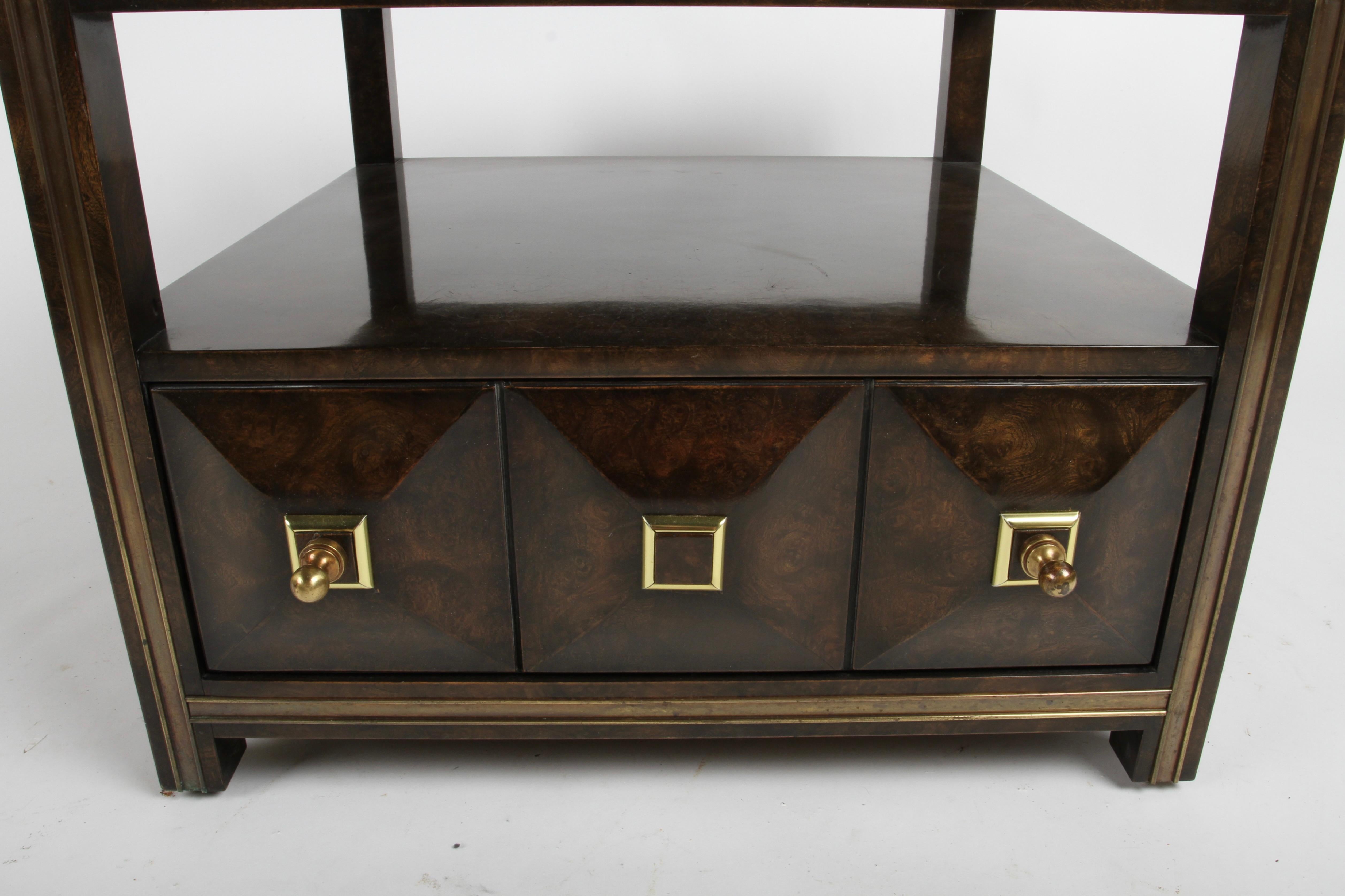 Pair of Large Mastercraft Burl Elm & Brass End Tables or Night Stands w/ Drawers For Sale 2