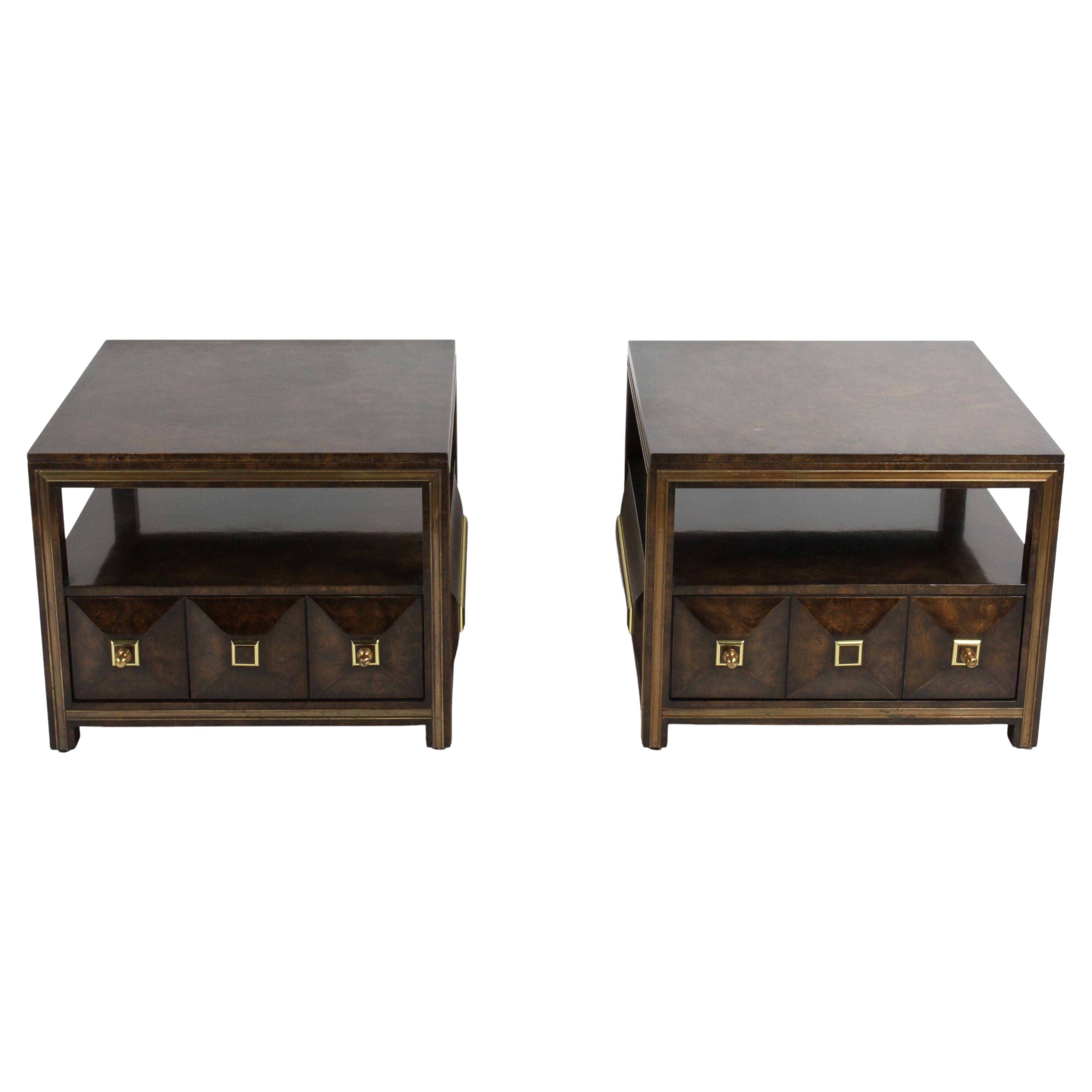 Pair of Large Mastercraft Burl Elm & Brass End Tables or Night Stands w/ Drawers For Sale