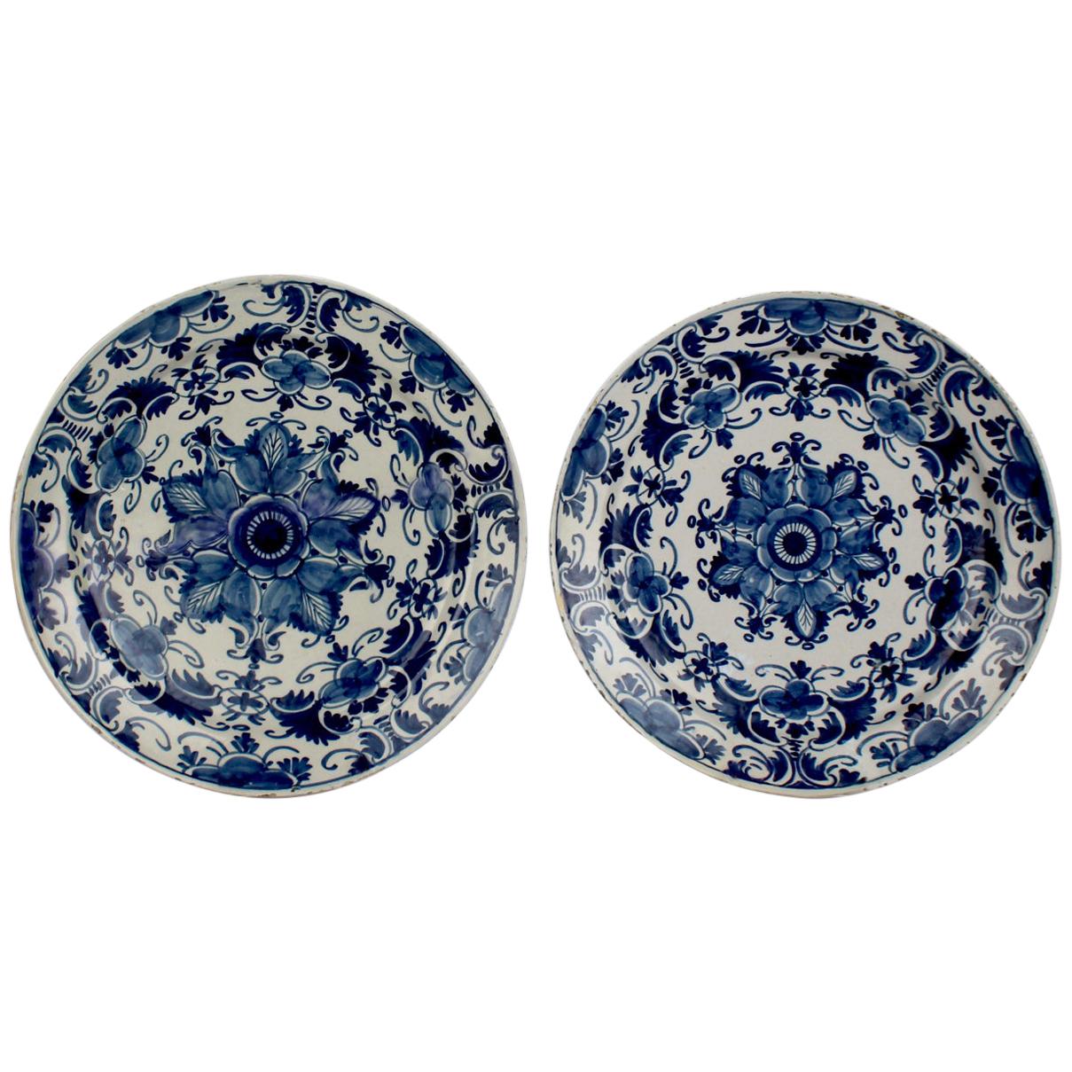 Pair of Large Matched 18th Century Blue and White Delft Chargers or Wall Plates