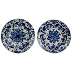 Pair of Large Matched 18th Century Blue and White Delft Chargers or Wall Plates