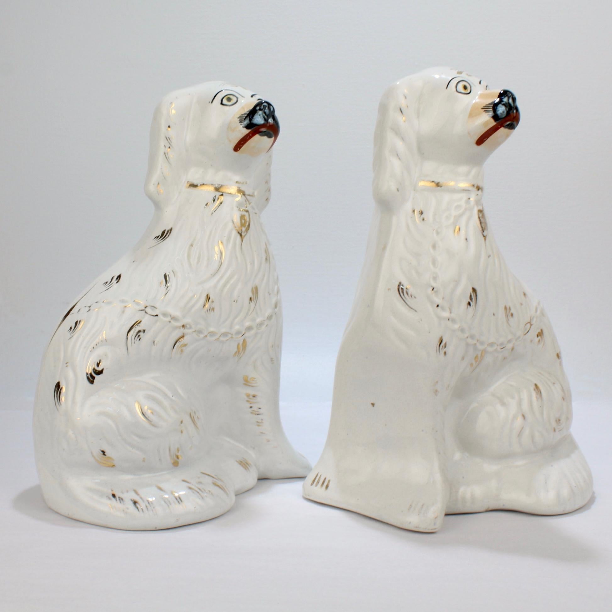 British Pair of Large Matched Antique Staffordshire Pottery Spaniel Dog Figurines