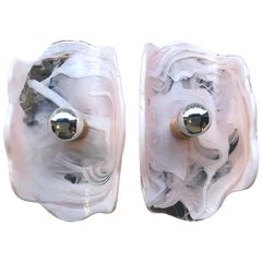Pair of Large Mazzega Pink and White Lattimo Glass Wall Sconces