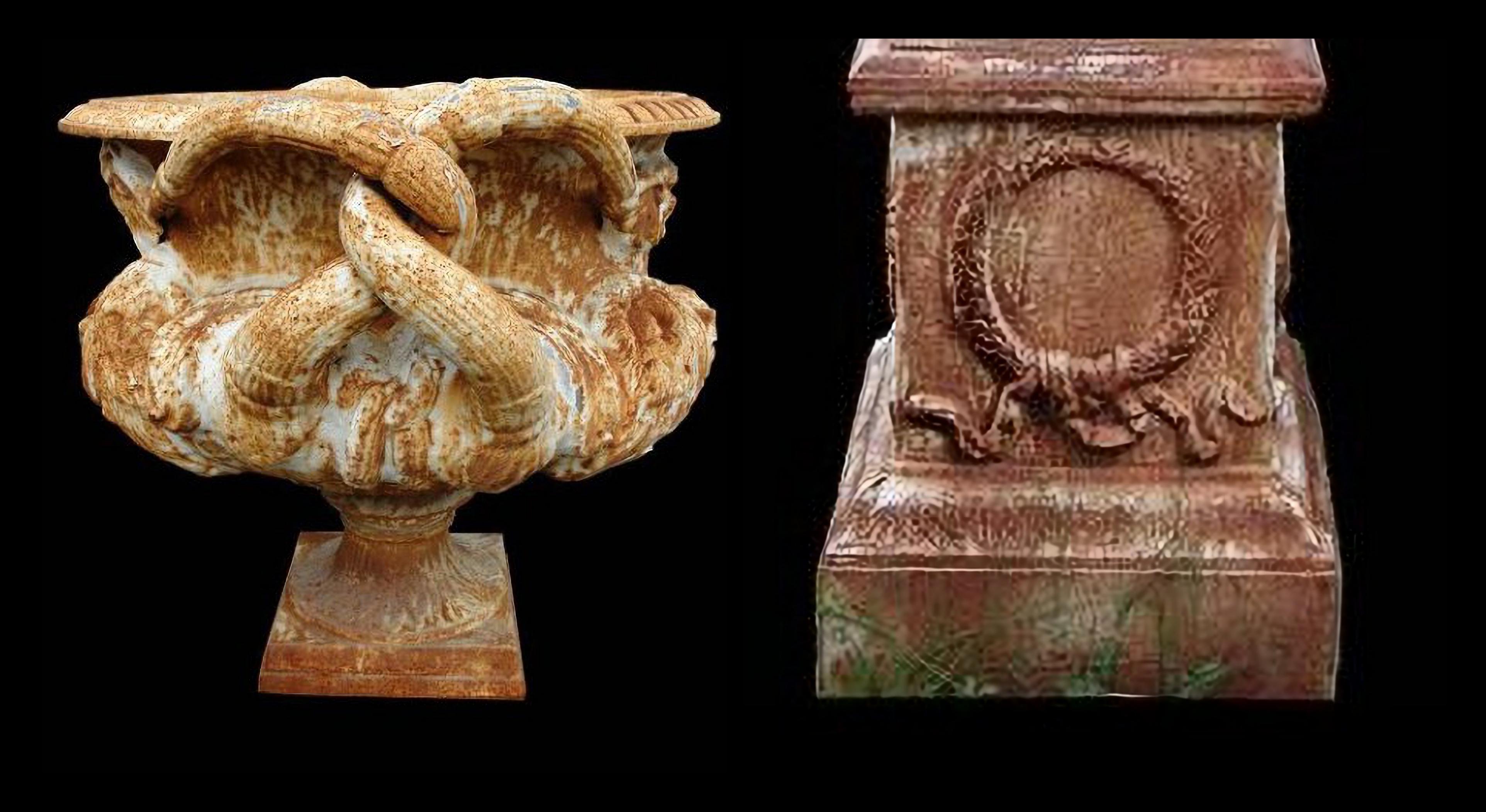 PAIR OF LARGE MEDUSA VASES Piranesi copy end 19th Century

Pair of Large Ornamental Vases
Italy
base 60x60 diameter 90
Width 80 Height 110
This is one of the famous vases designed by Giovan Battista Piranesi 1720-1778.
You will find it in the book