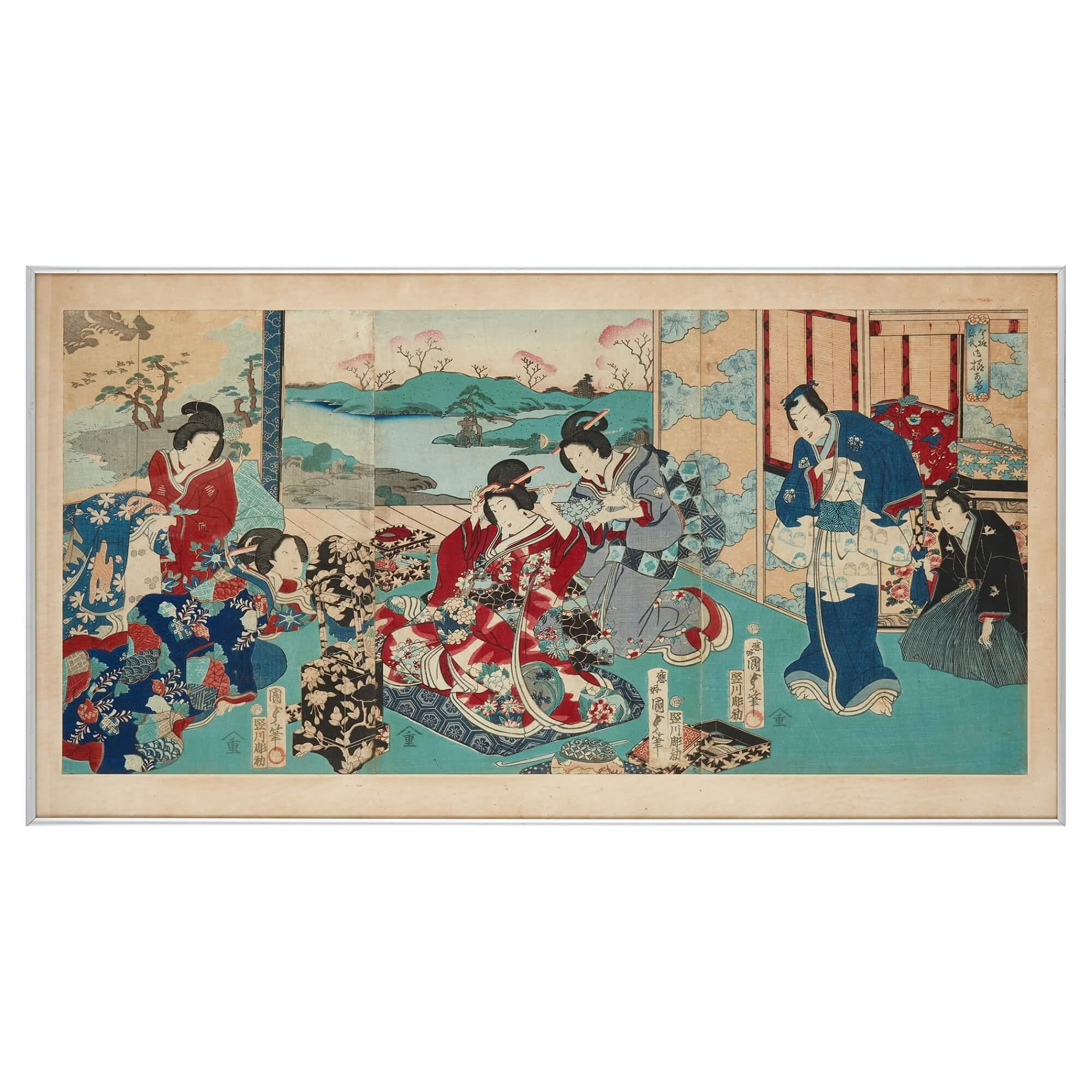 Pair of large Meiji Era Japanese woodblock prints
Japanese, Late 19th Century
Frames: height 42.5cm, width 78.5cm, depth 2cm
Prints: height 35cm, width 78.5cm

These excellent woodblock prints were made in Japan in the late 19th century during