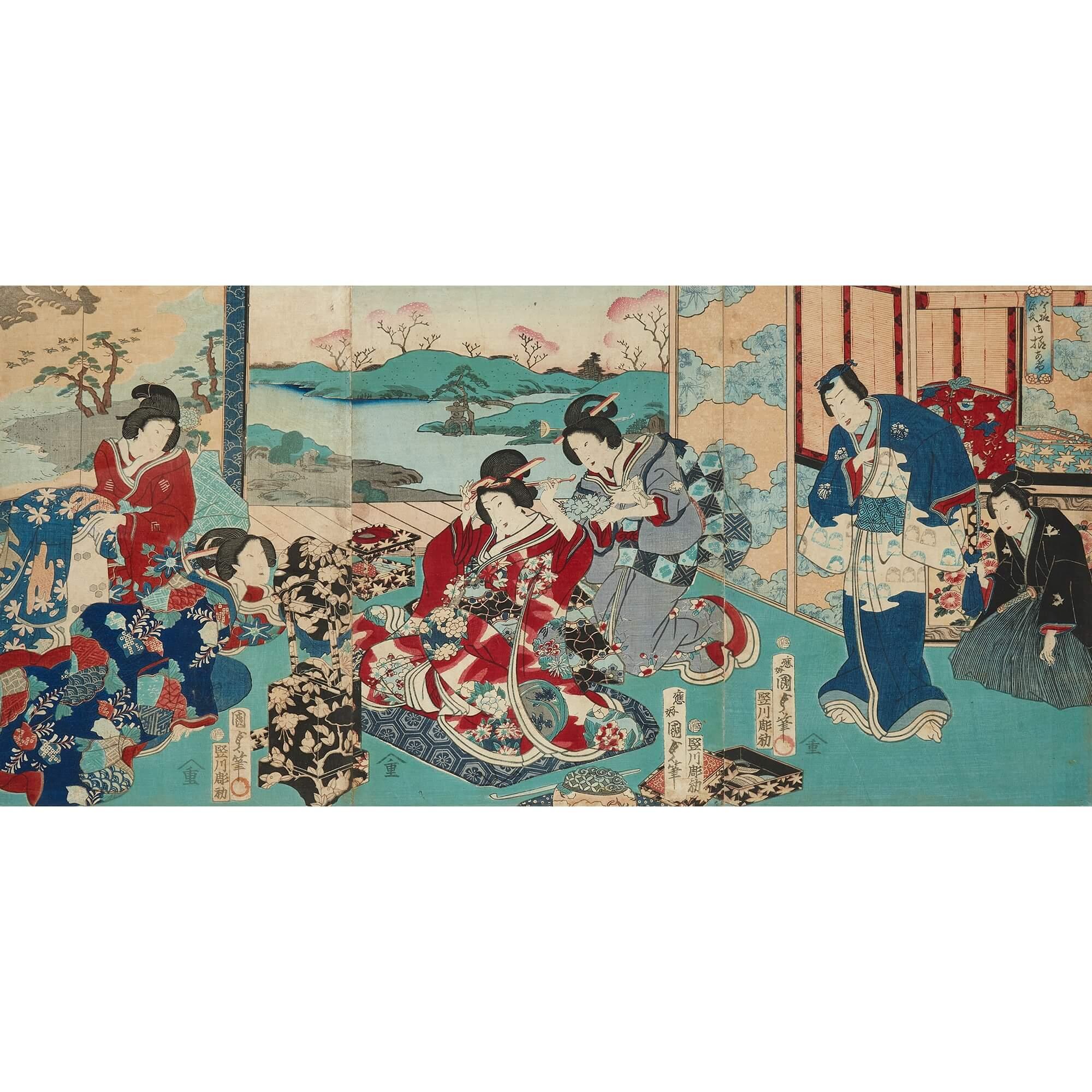 Pair of Large Meiji Era Japanese Woodblock Prints In Good Condition For Sale In London, GB