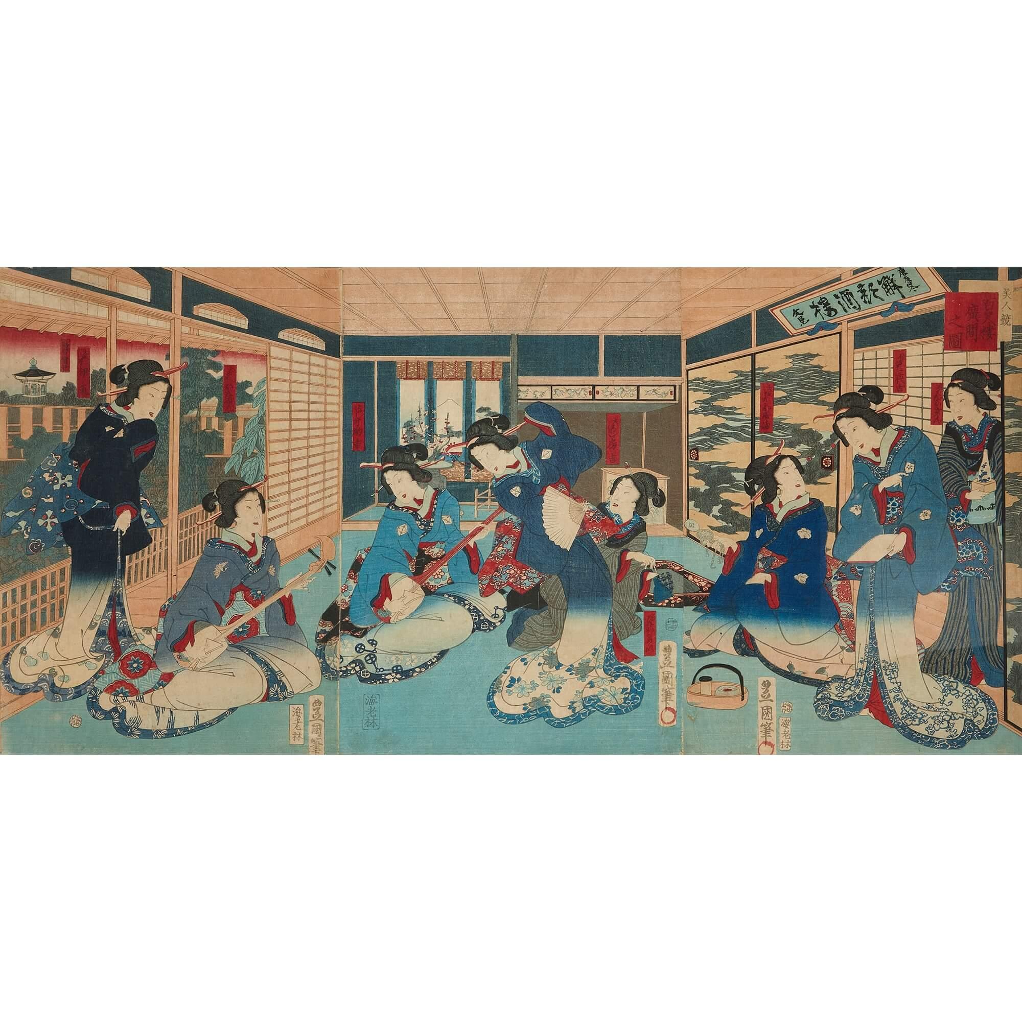 19th Century Pair of Large Meiji Era Japanese Woodblock Prints For Sale