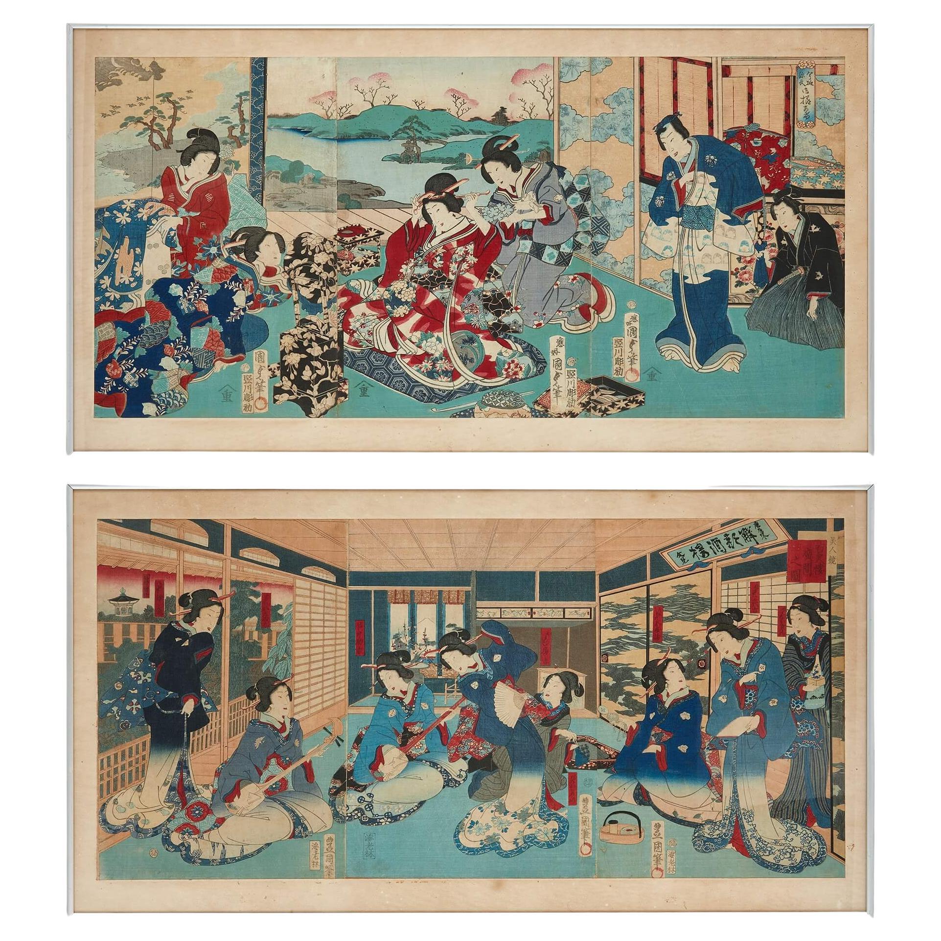 Paire de grandes estampes japonaises en bois de l'ère Meiji