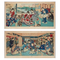 Antique Pair of Large Meiji Era Japanese Woodblock Prints