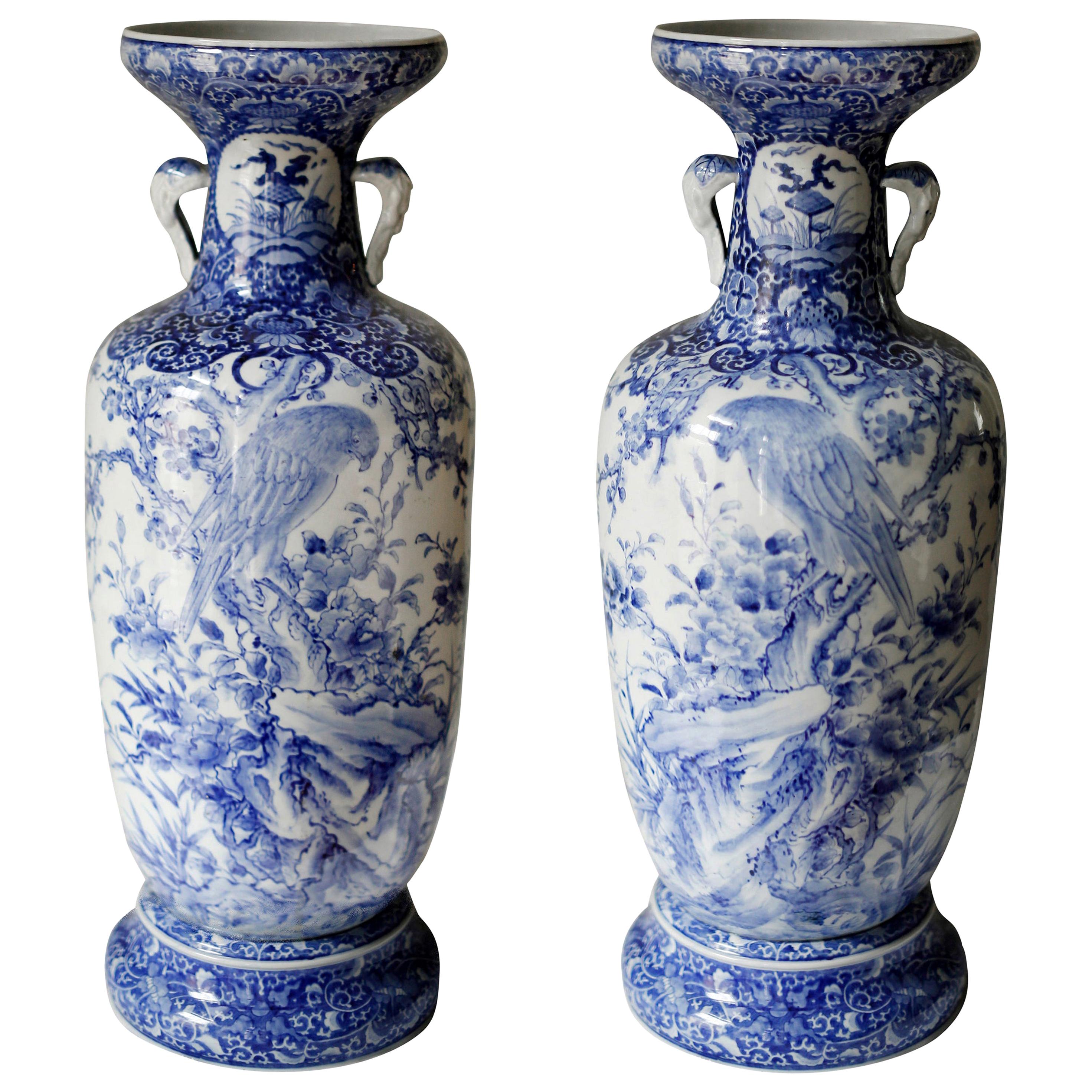 Pair of Large Meiji Period Blue and White Porcelain Vases For Sale