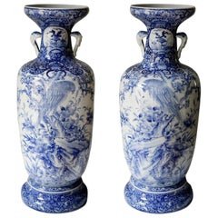 Antique Pair of Large Meiji Period Blue and White Porcelain Vases