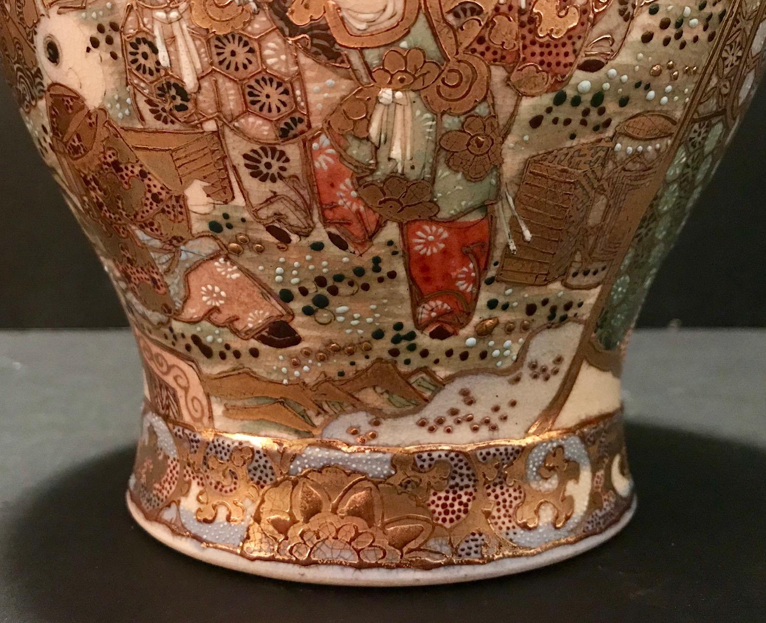 Pair of Large, Meiji Period, Japanese Satsuma Vases with Opulent Gilt 7