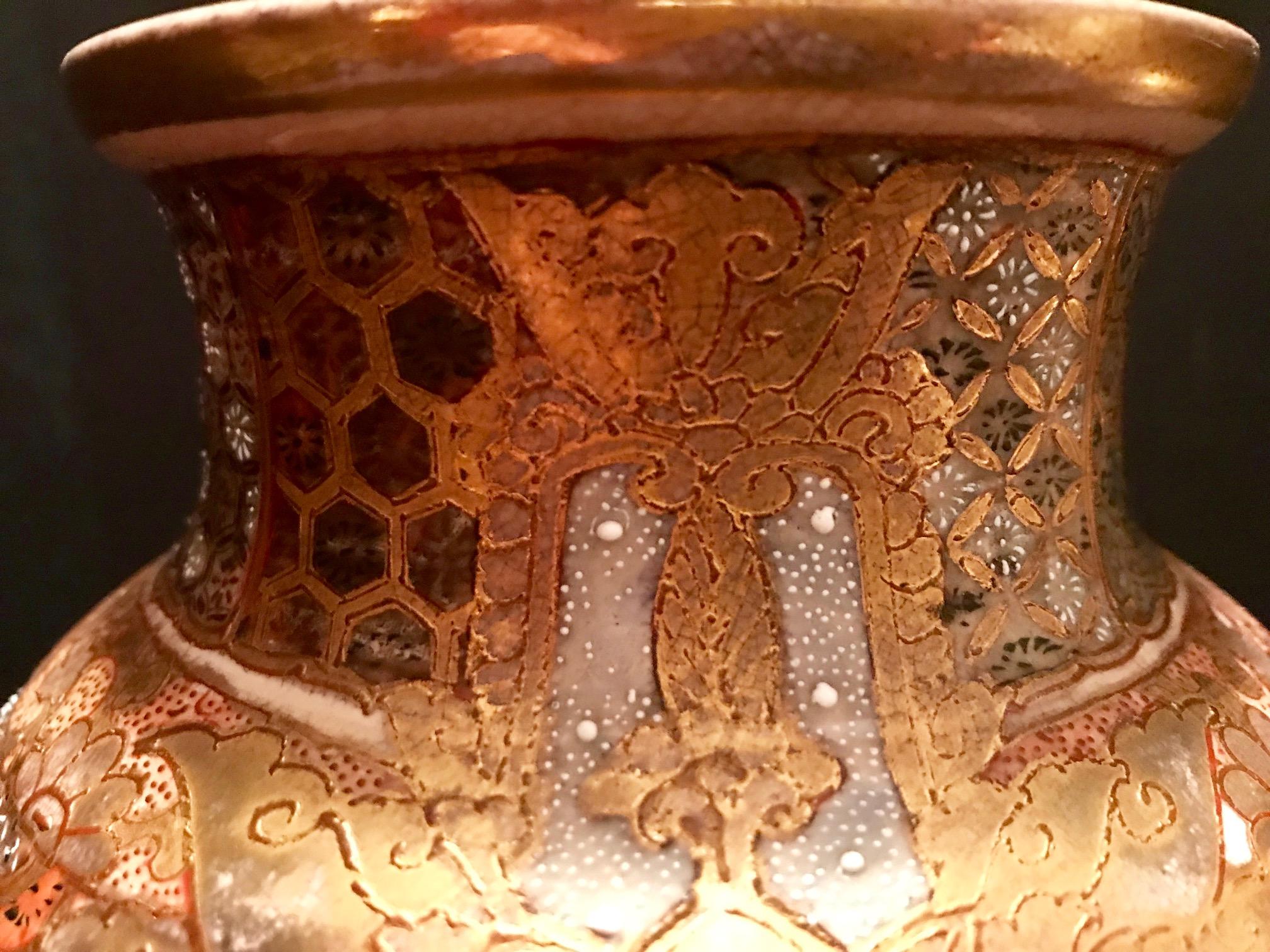 Pair of Large, Meiji Period, Japanese Satsuma Vases with Opulent Gilt 8