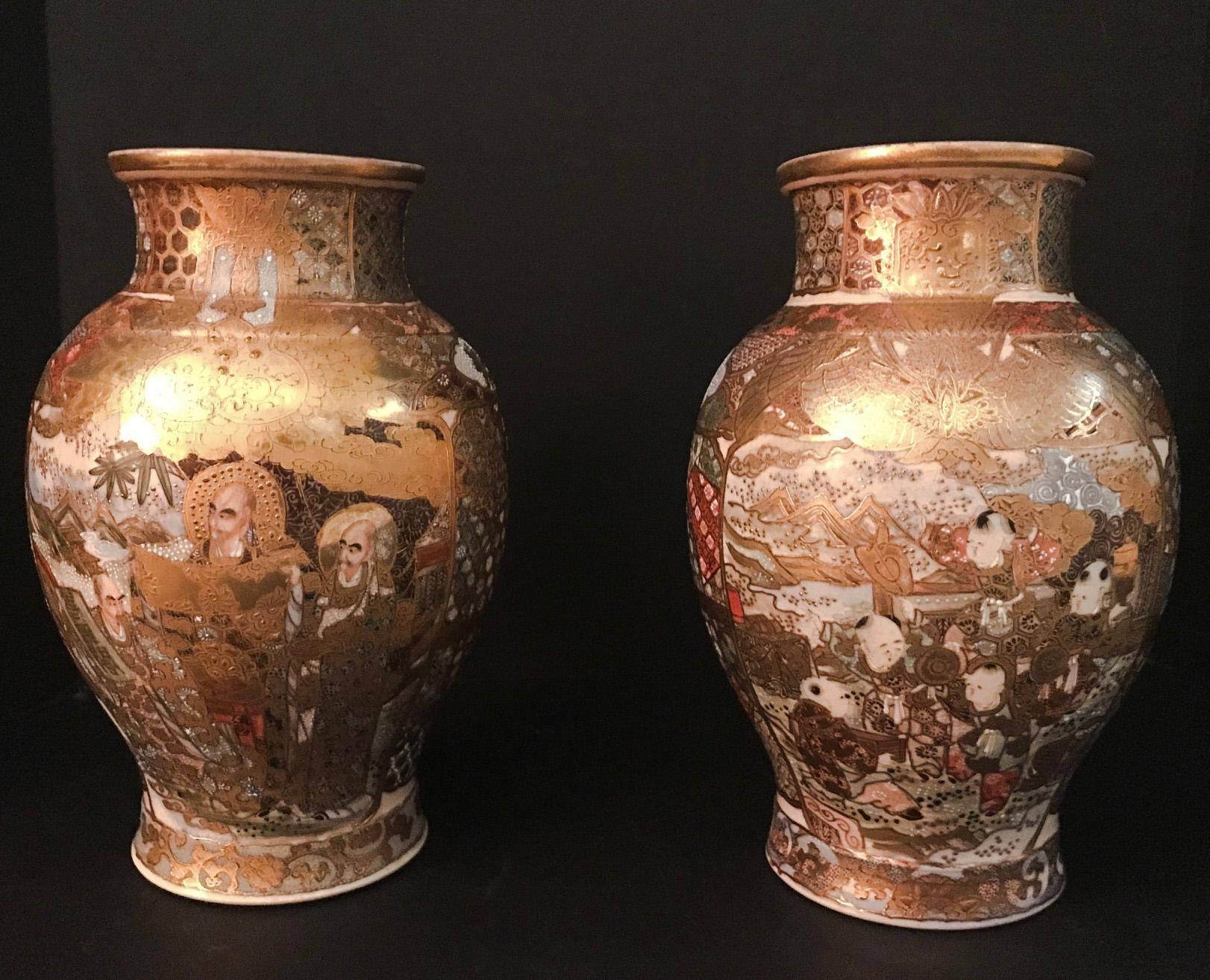 Pair of Large, Meiji Period, Japanese Satsuma Vases with Opulent Gilt 10