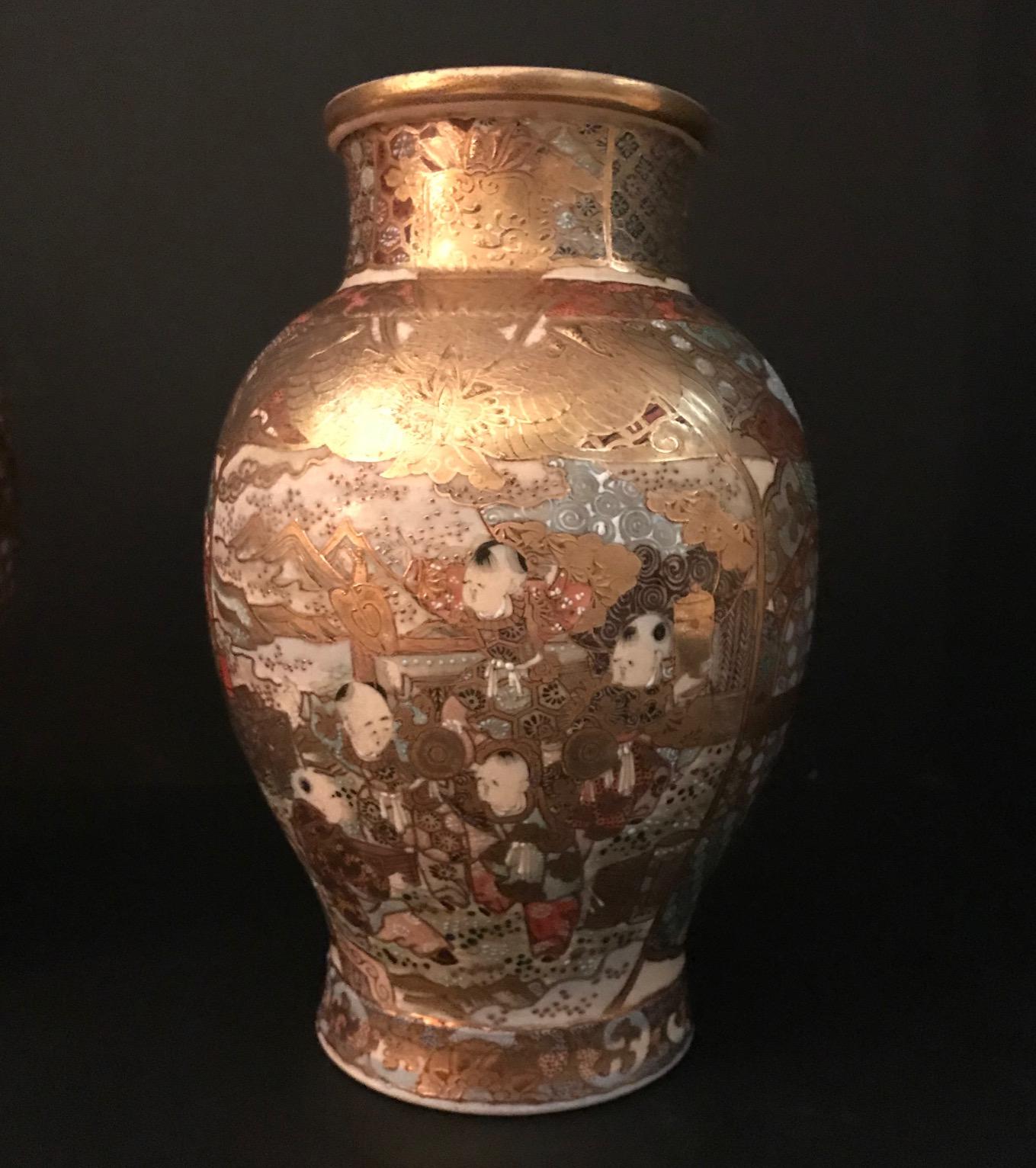 20th Century Pair of Large, Meiji Period, Japanese Satsuma Vases with Opulent Gilt