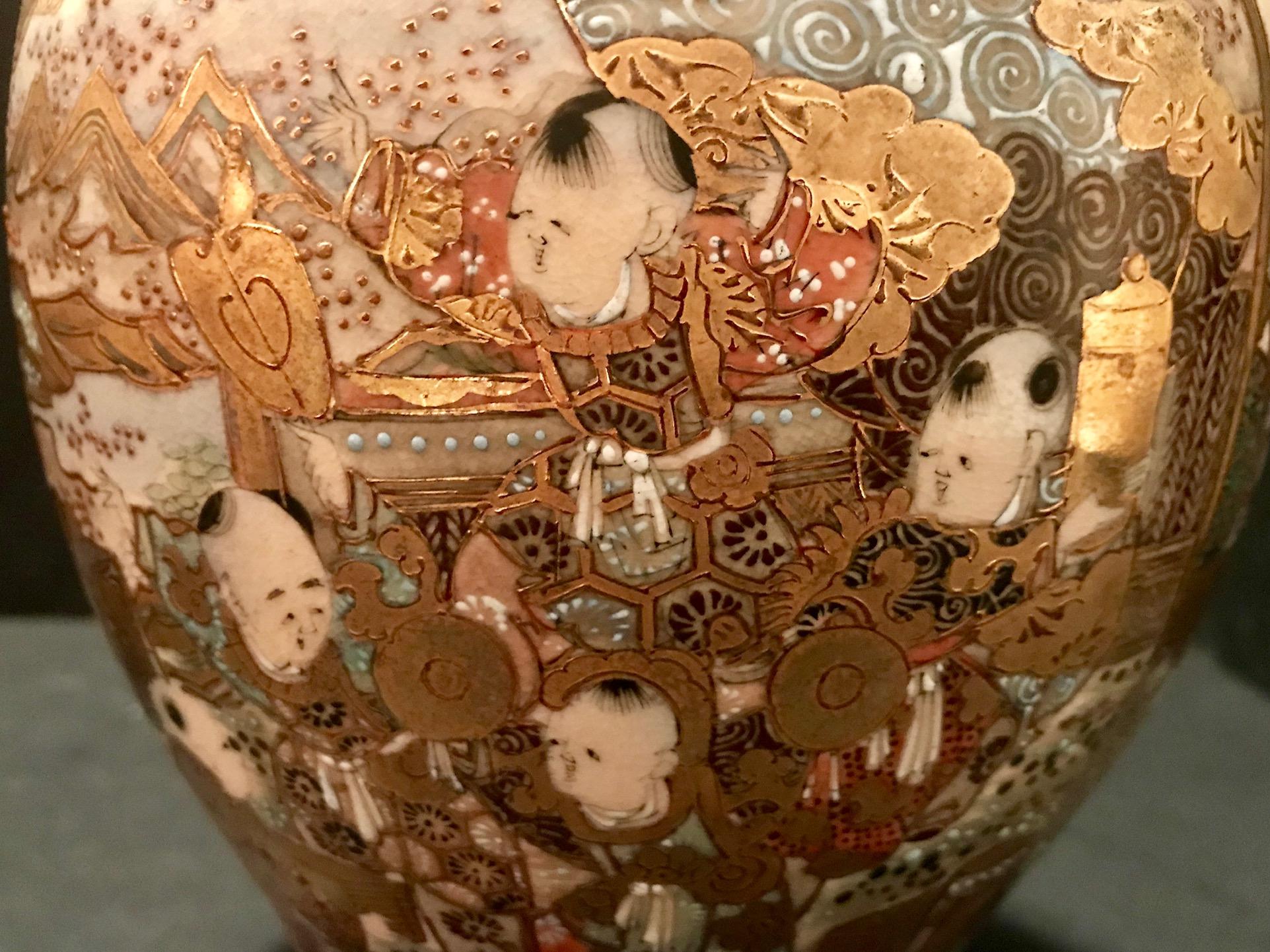 Porcelain Pair of Large, Meiji Period, Japanese Satsuma Vases with Opulent Gilt