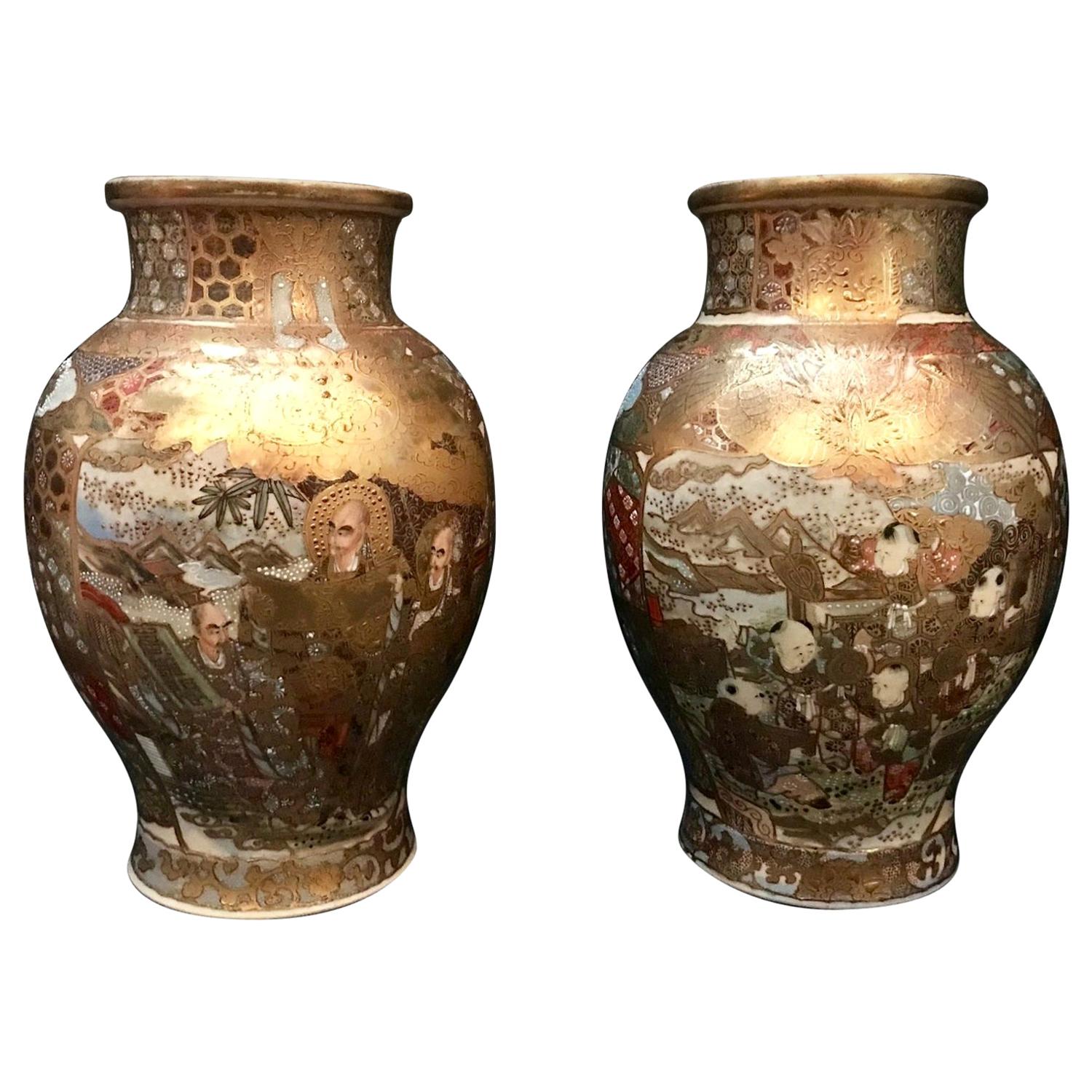 Pair of Large, Meiji Period, Japanese Satsuma Vases with Opulent Gilt