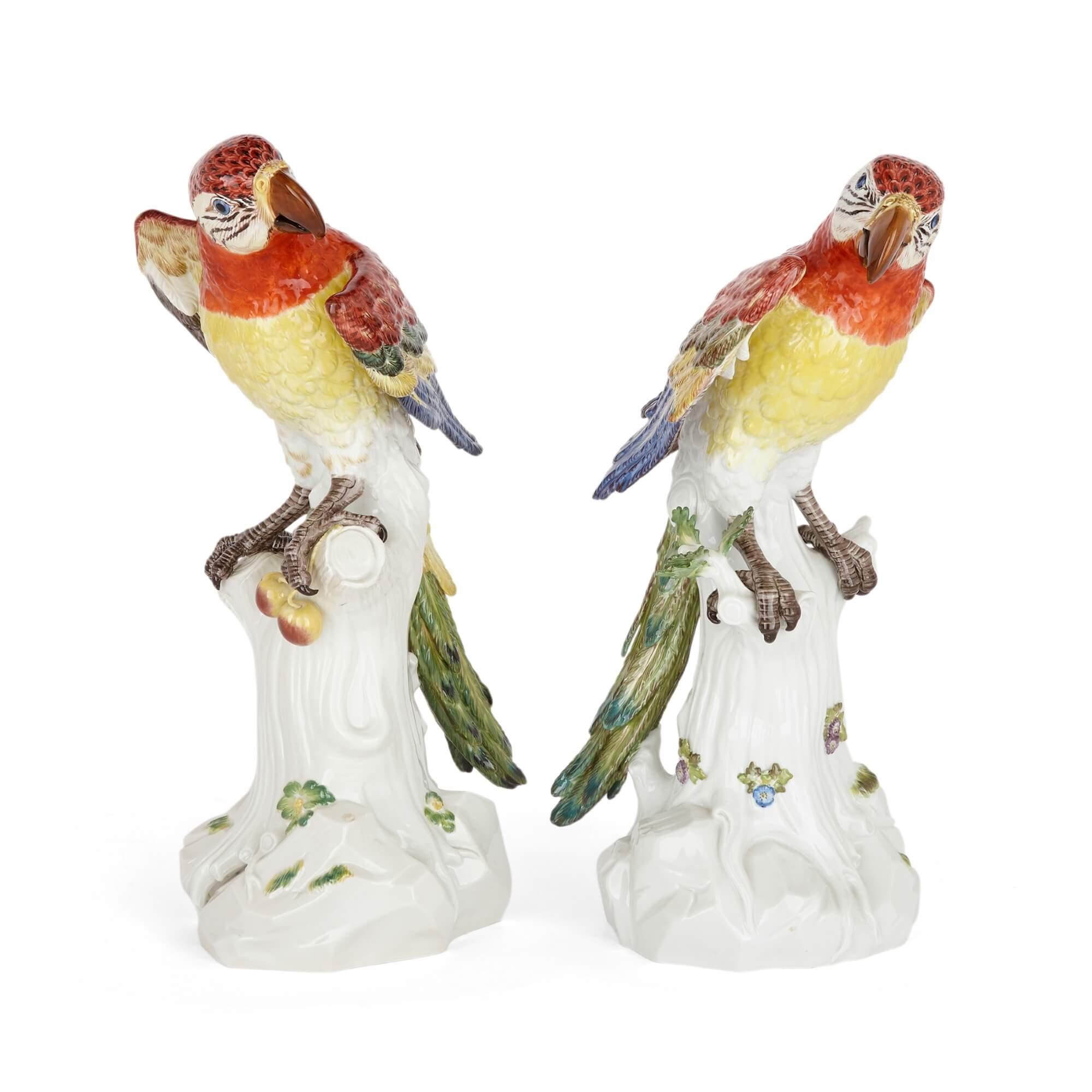 German Pair of Large Meissen Models of Parrots, circa 1986 and 1988 For Sale