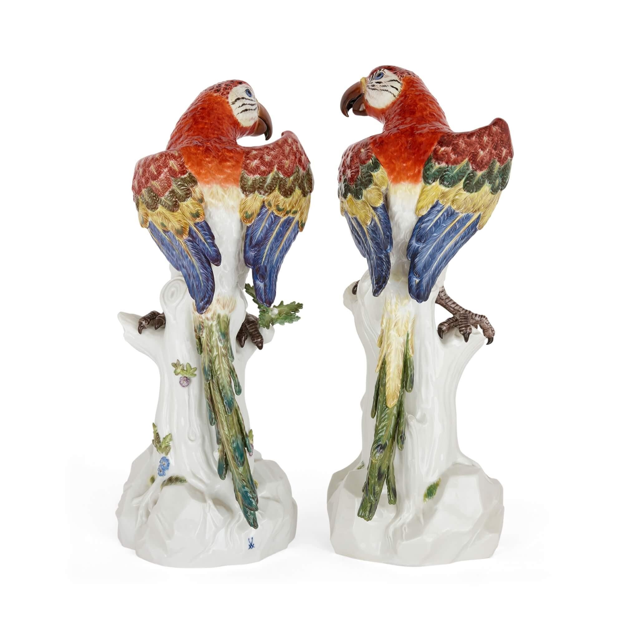 Painted Pair of Large Meissen Models of Parrots, circa 1986 and 1988 For Sale