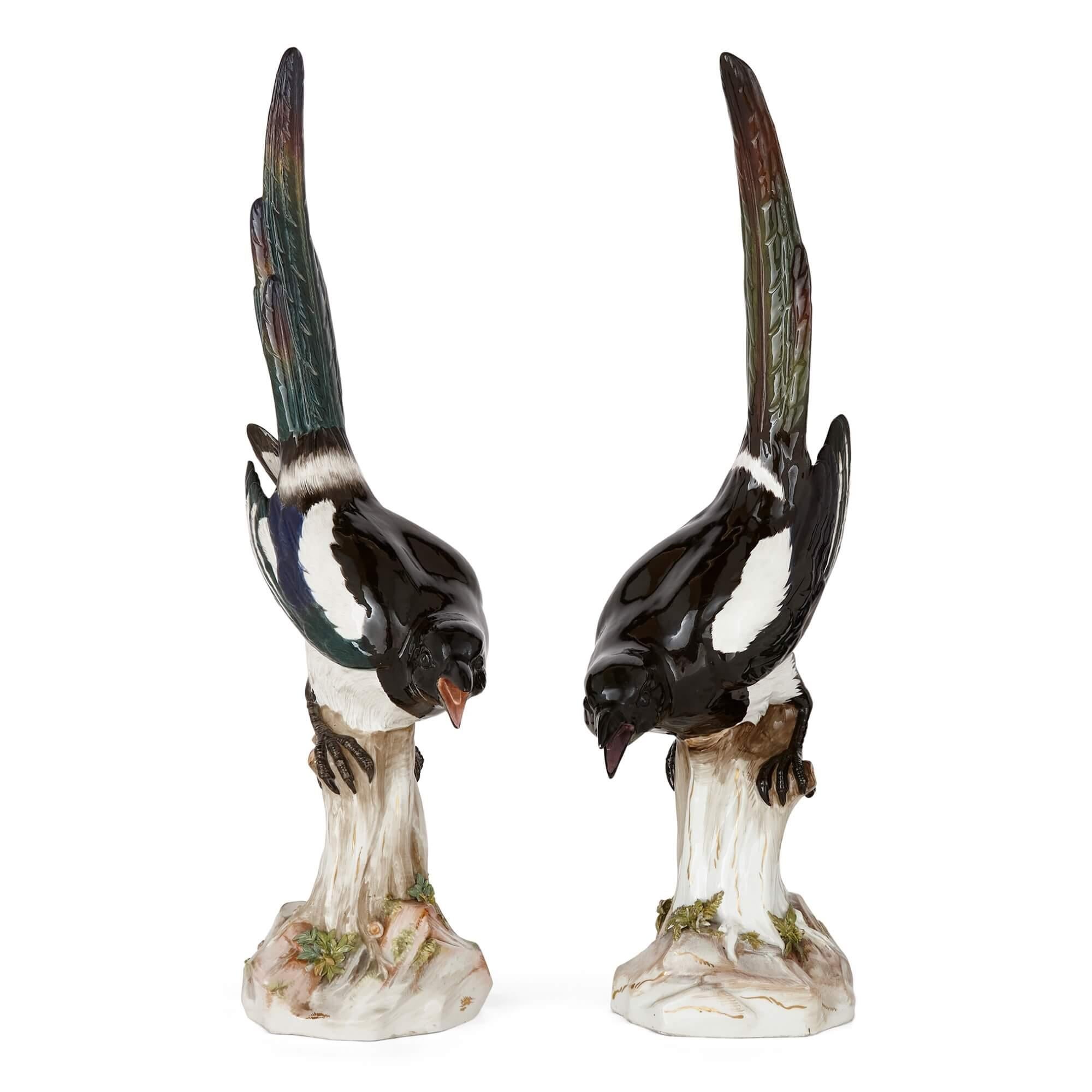 Pair of large Meissen porcelain models of magpies
German, Late 19th Century
Measures: Height 53cm, width 14cm, depth 13cm

These wonderful porcelain Animalia pieces were made by the Meissen Porcelain Manufactory in Germany in the late nineteenth