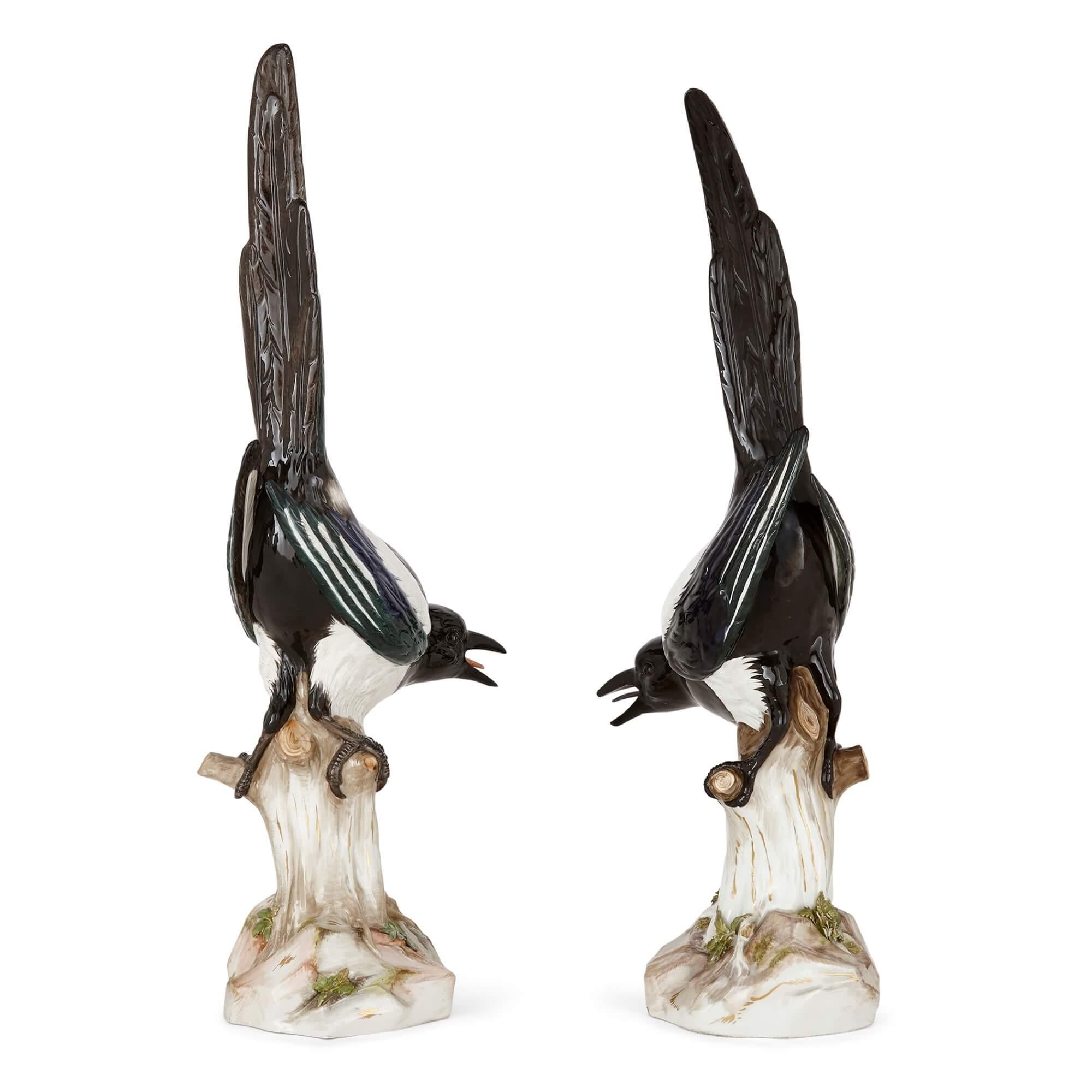 Pareja de grandes modelos de urracas de Meissen Porcelain Alemán en venta