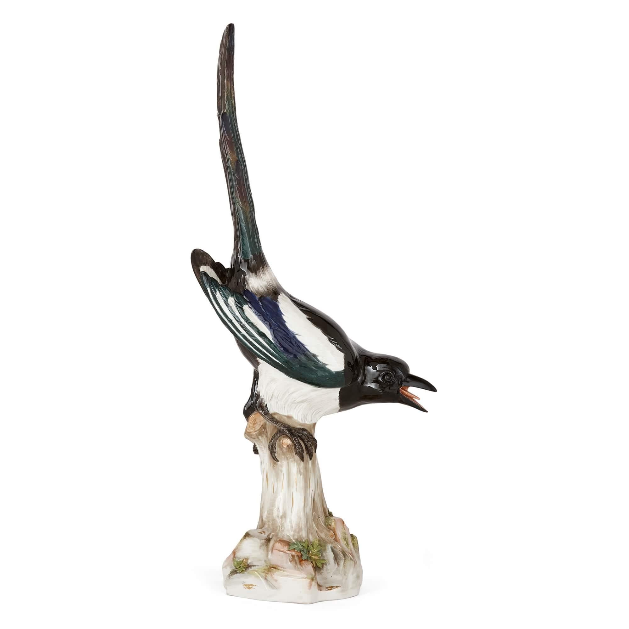 German Pair of Large Meissen Porcelain Models of Magpies For Sale