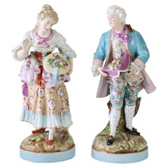 Pair Of Large Meissen Style Porcelain Figures Of Woman & Man Gardeners c1890