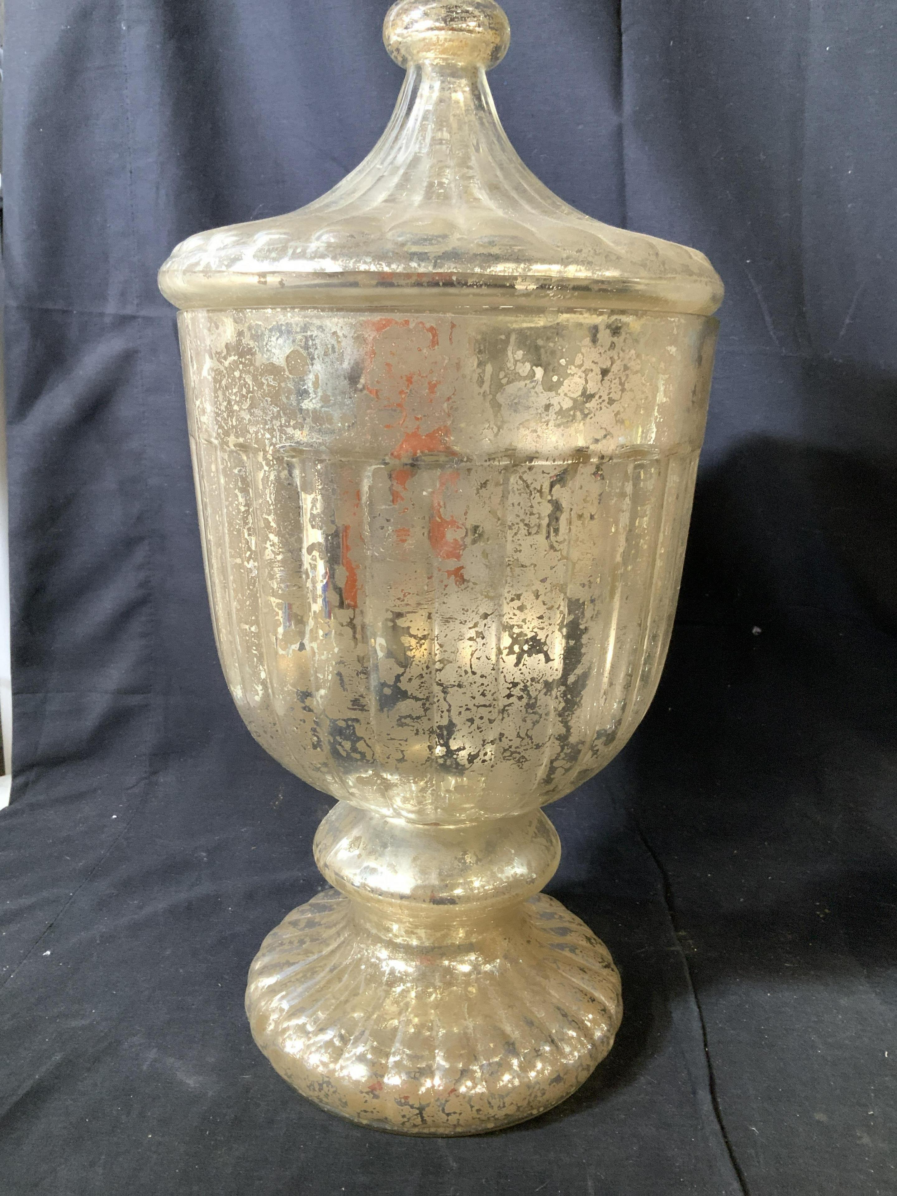 Contemporary Pair of Large Mercury Glass Lidded Urns