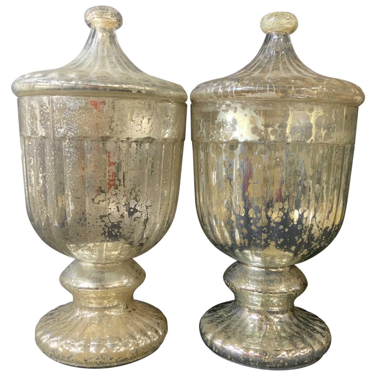 Pair of Large Mercury Glass Lidded Urns