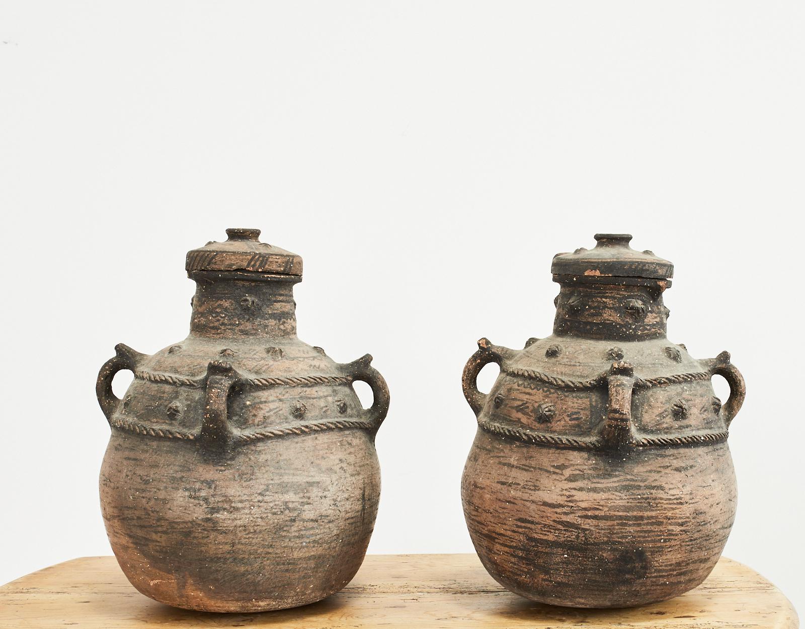 Rustic Pair of Large Mexican Pottery Lidded Vases or Urns