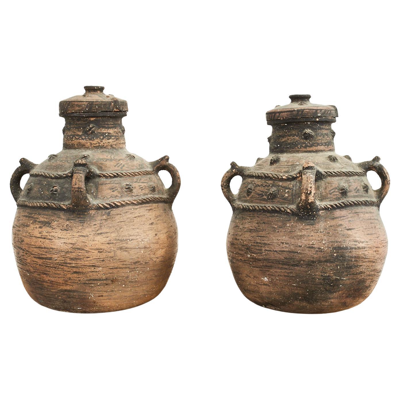 Pair of Large Mexican Pottery Lidded Vases or Urns